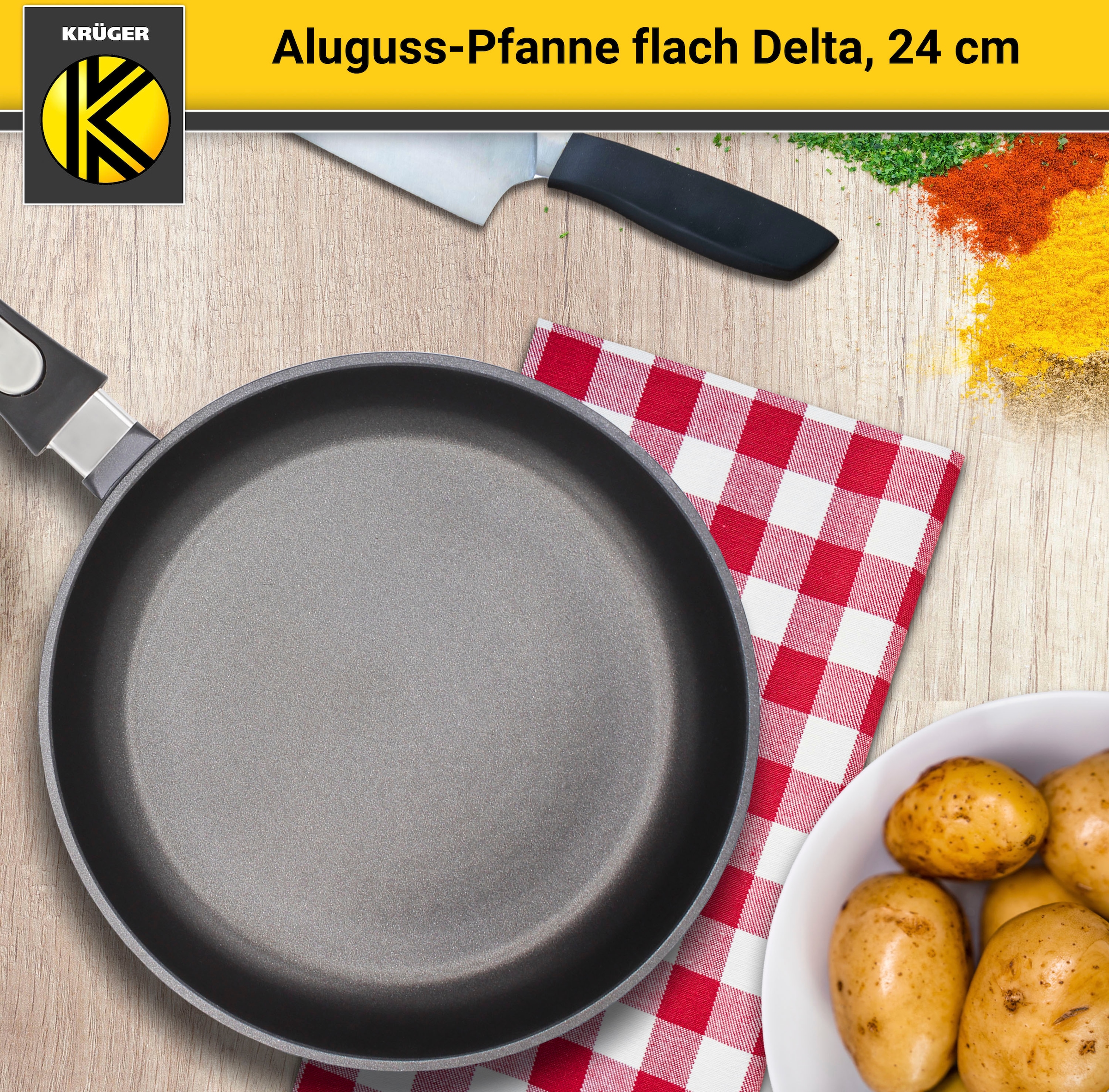 Krüger Bratpfanne »Aluguss Pfanne flach DELTA«, Aluminiumguss, (1 tlg.), für Induktions-Kochfelder geeignet