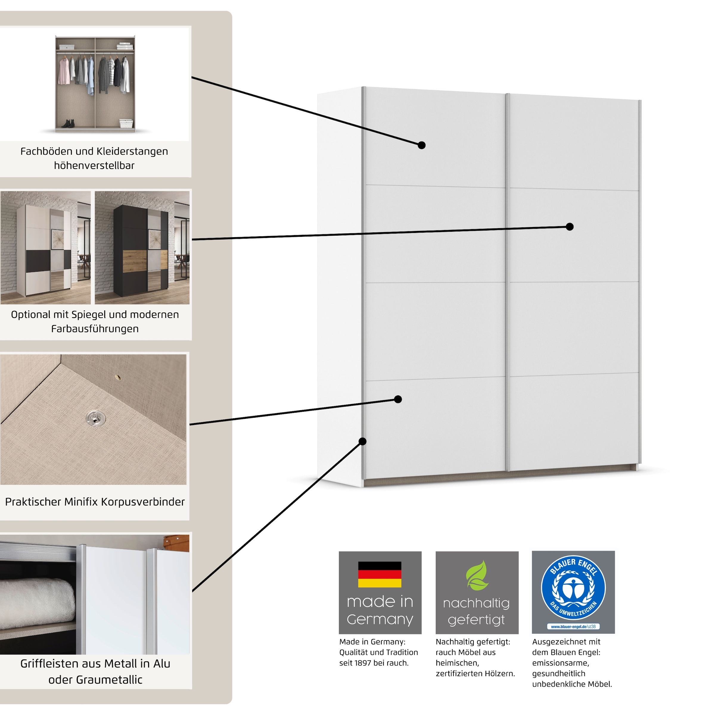 rauch Schwebetürenschrank »Kleiderschrank Schrank Garderobe Schlafzimmerschrank OXFORD«, (in 3 verschiedenen Ausstattungen BASIC/CLASSIC/PREMIUM), mit Griffleisten aus Metall, auch für kleinere Räume MADE IN GERMANY