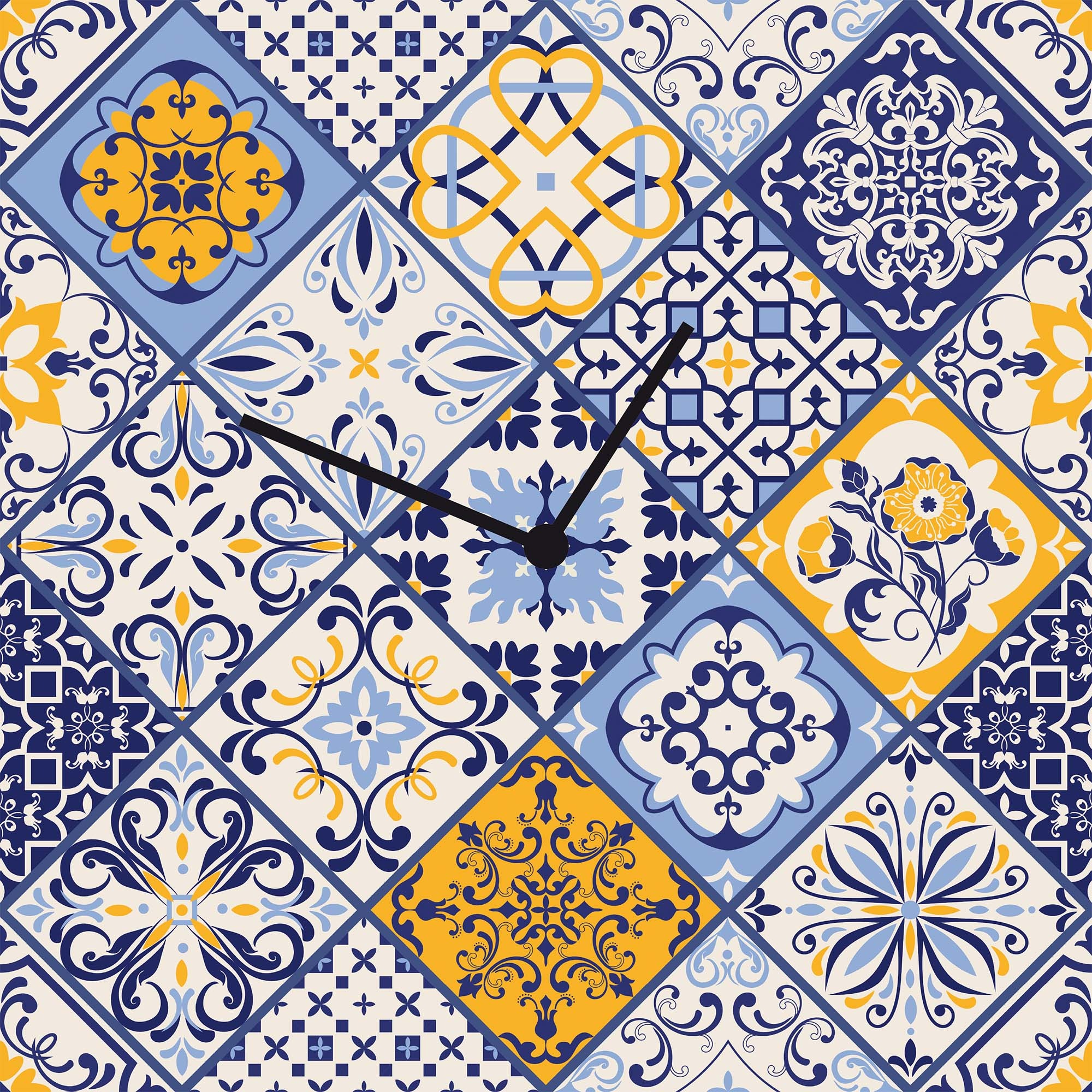queence Wanduhr »Portugiesisches Design Fliesenoptik«, Uhr, geräuschlos, Mosaik, Kachel, blau, gelb