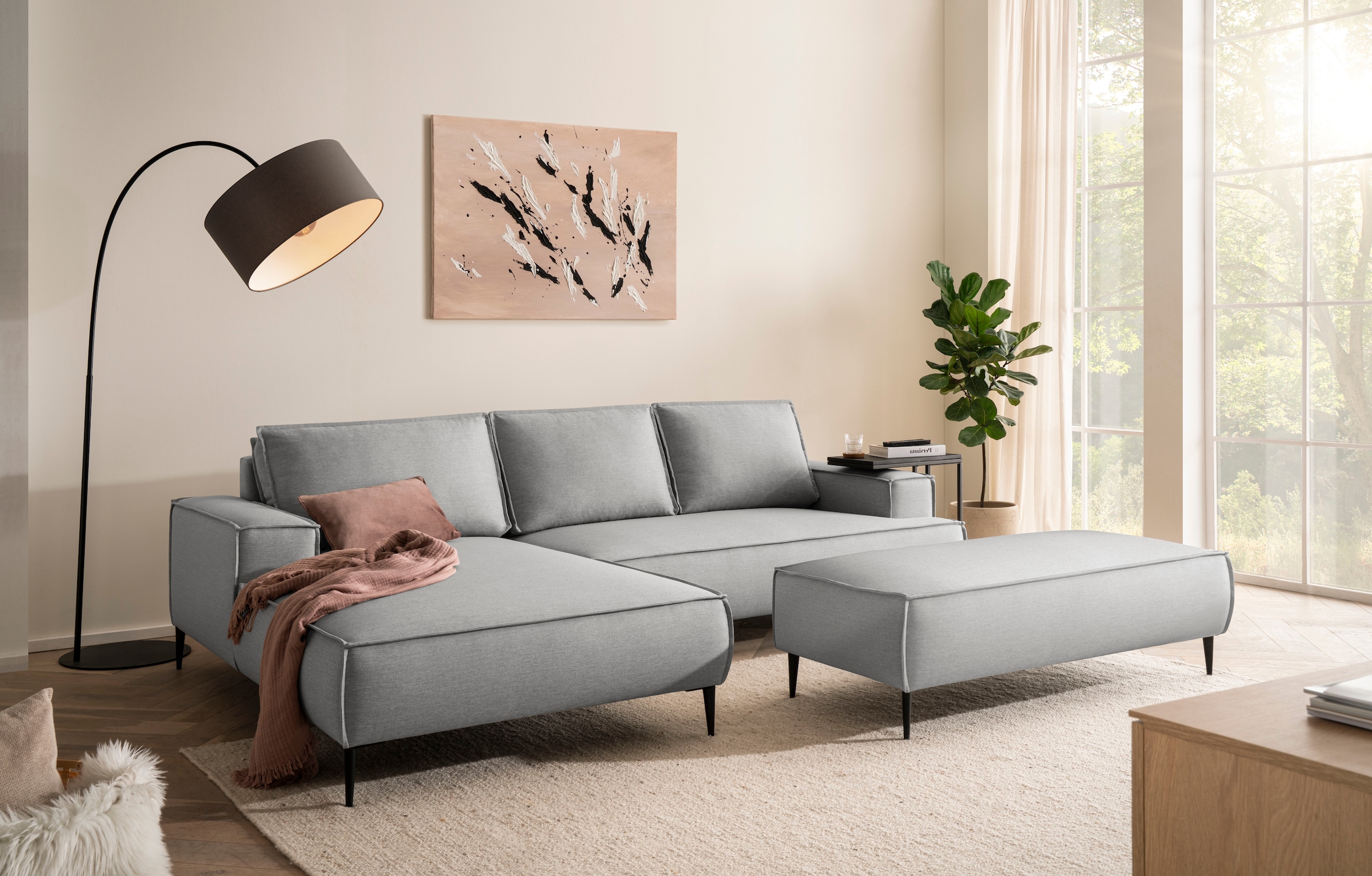 andas Ecksofa »TVINNU, L-Form, 275cm, in Cord und Flachgewebe«, wahlweise Recamiere rechts/links, schwarze Füße, bequemer Sitzkomfort