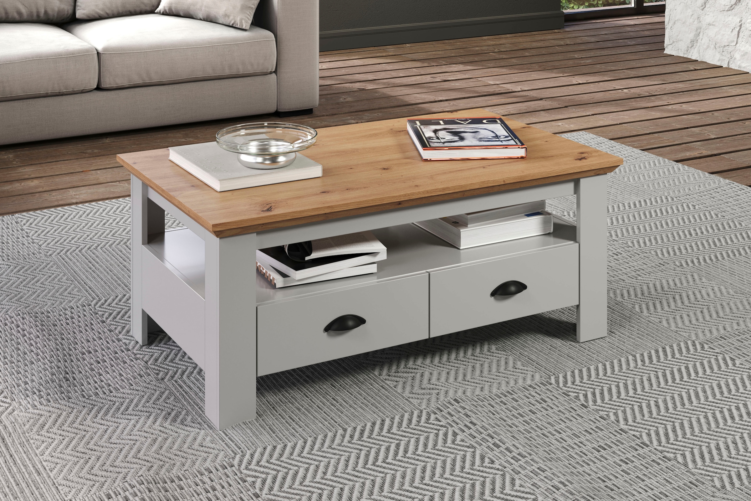 Home affaire Couchtisch »Herzwill«, eckiger Couchtisch, Breite 110 cm, Höhe 45 cm, 2 Schubfächer, 1 Fach
