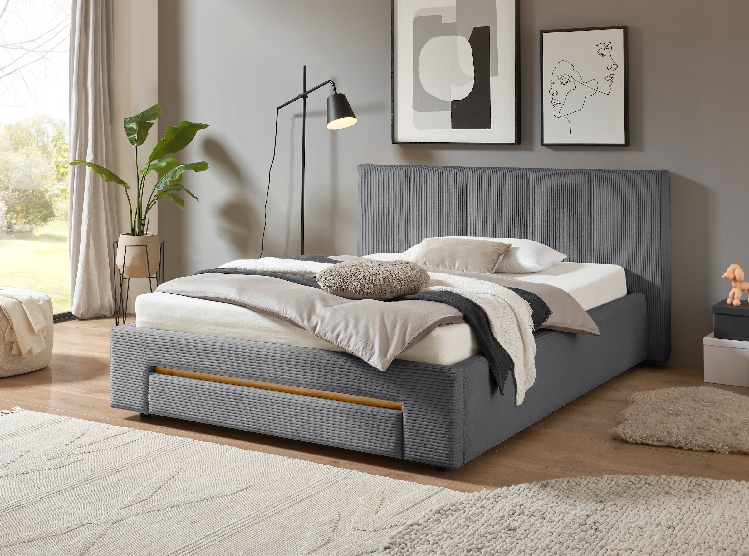 INOSIGN Polsterbett »CiTY/GiRON, Bettgestell mit Bettkasten, gepolstertes Stauraumbett«, mit Hundebett oder Stauraumschublade, Bezug Cord-oder Leinenoptik
