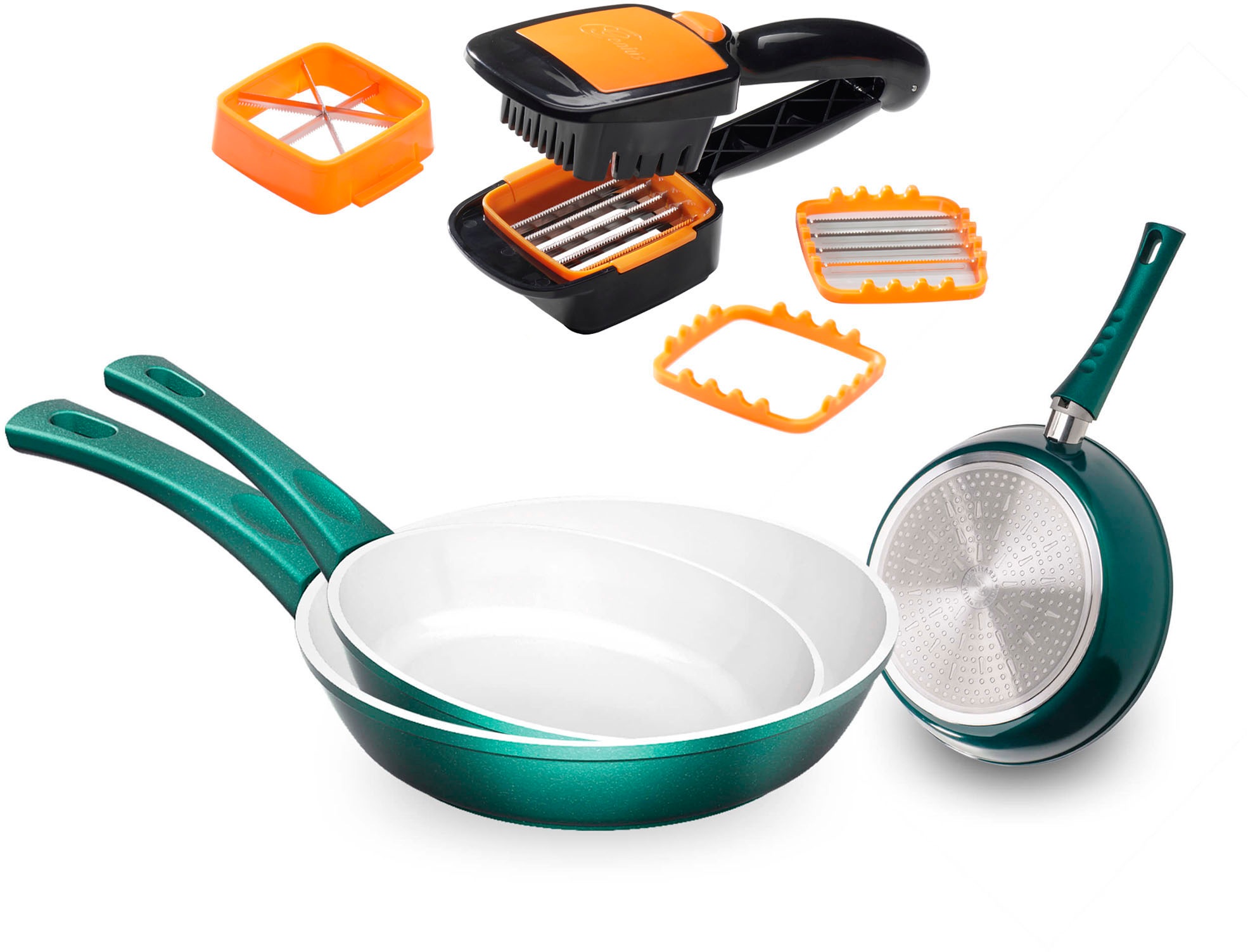 Genius Pfannen-Set »Cerafit Fusion Pfannen inkl. Nicer Dicer Quick, Set 8-tlg«, (Set, 8 tlg., Pfannen, Set 3-tlg., feste Griffe, ND Quick, Set 5-tlg., orange), hochwertig Antihaft-Pfannen mit robuster Keramik-Beschichtung