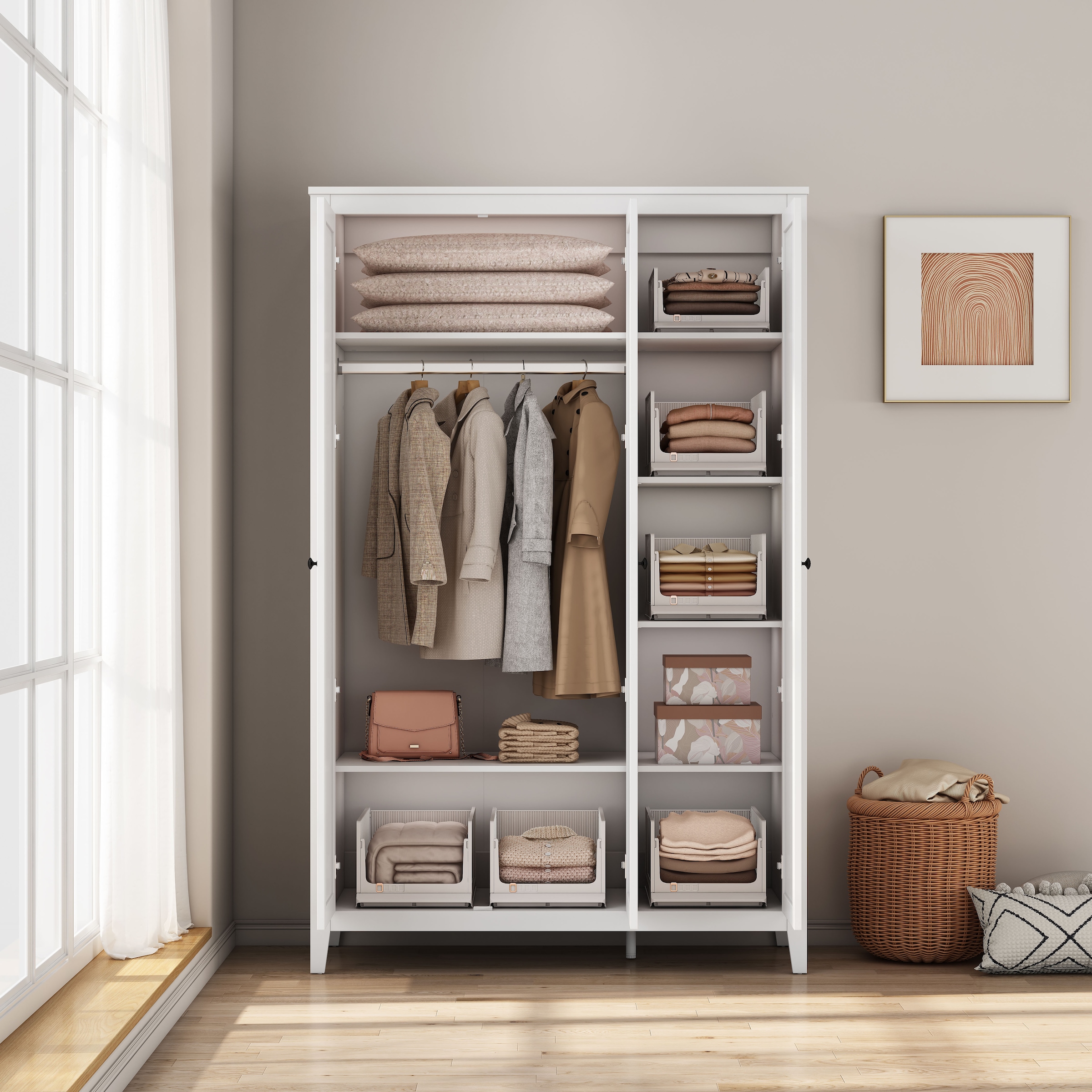 OTTO home Kleiderschrank »Borkum Schlafzimmerschrank Garderobe Landhaus Bestseller weiß« hochwertige schwarze Griffe aus Metall,  Schlafzimmerschrank mit 6 Böden und Kleiderstange, 3 Türen