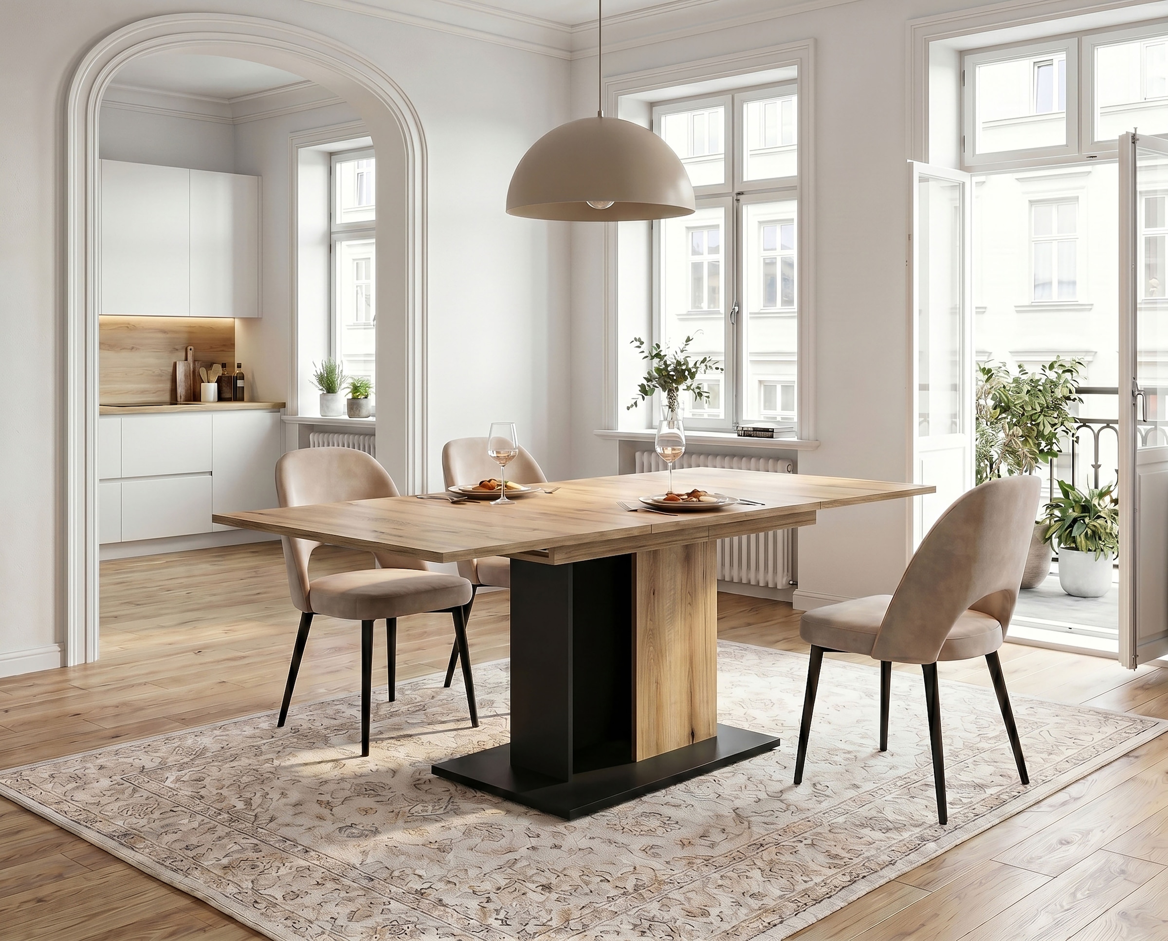 OTTO home Esstisch »MONOLITH, ausziehbar 150 -230 cm, inklusive 2x 40 cm Einlegeplatte« Doppelsäulen-Gestell mit Bodenplatte, Tisch, Küchentisch, Esszimmer