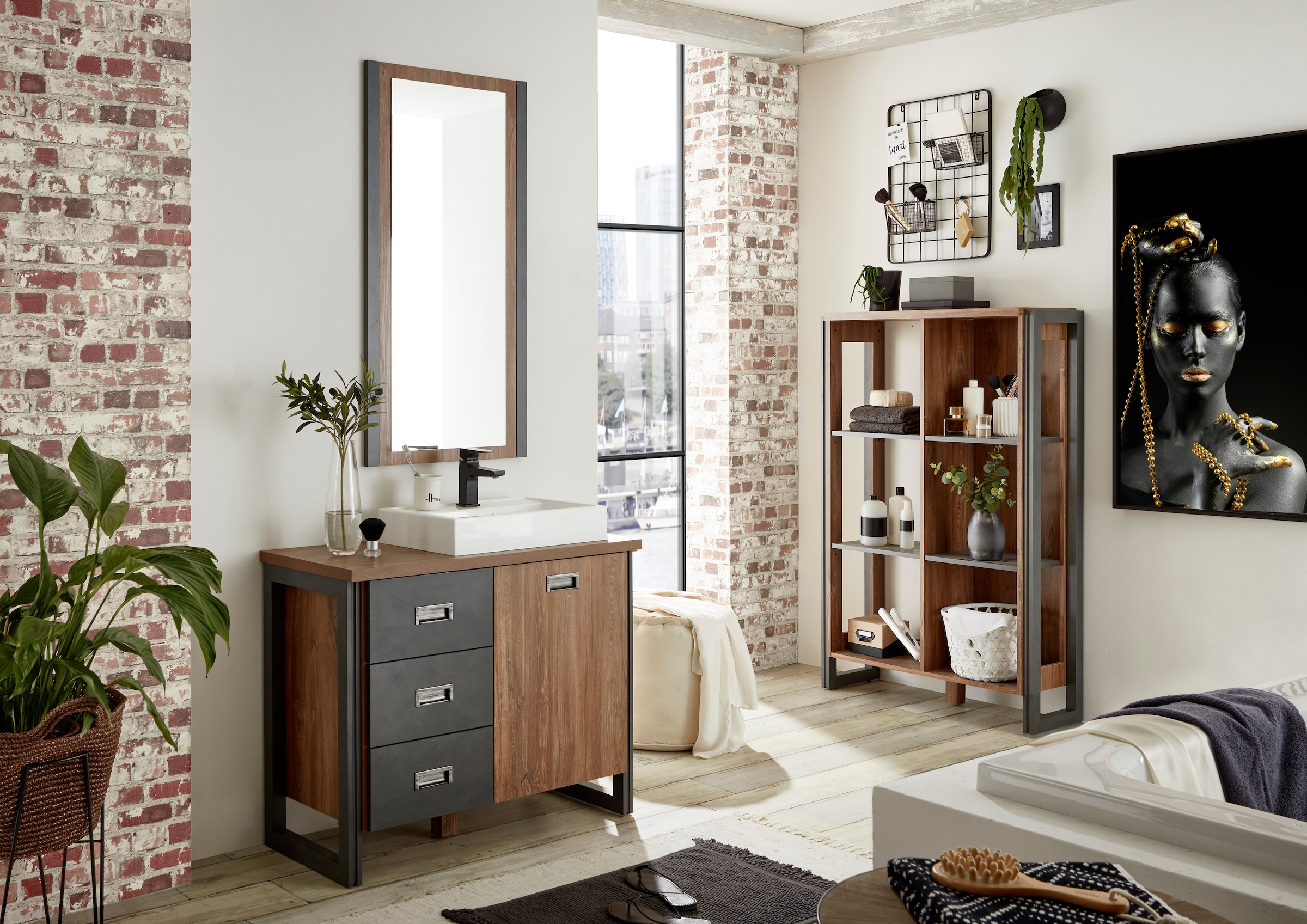 Home affaire Waschtisch »Detroit, Unterschrank mit Apothekergriff, Badschrank, Industrialdesign«, Eiche Dekor, mit Stauraum, inkl. Mineralguss-Waschbecken, Breite 91 cm