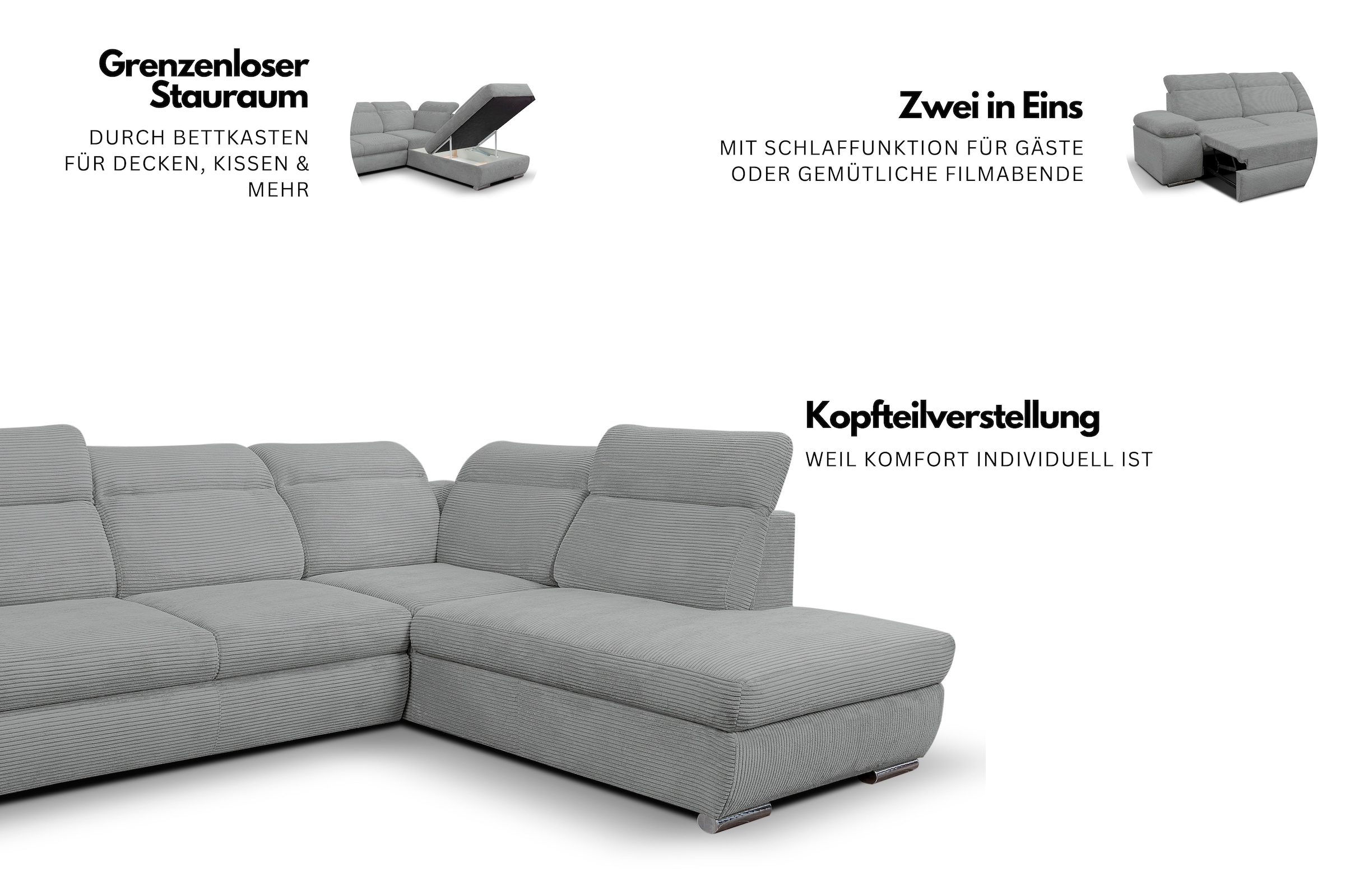 WERK2 Ecksofa »Alicante Cord, inkl. Bettfunktion & Bettkasten, Breite 280cm, L-Form«