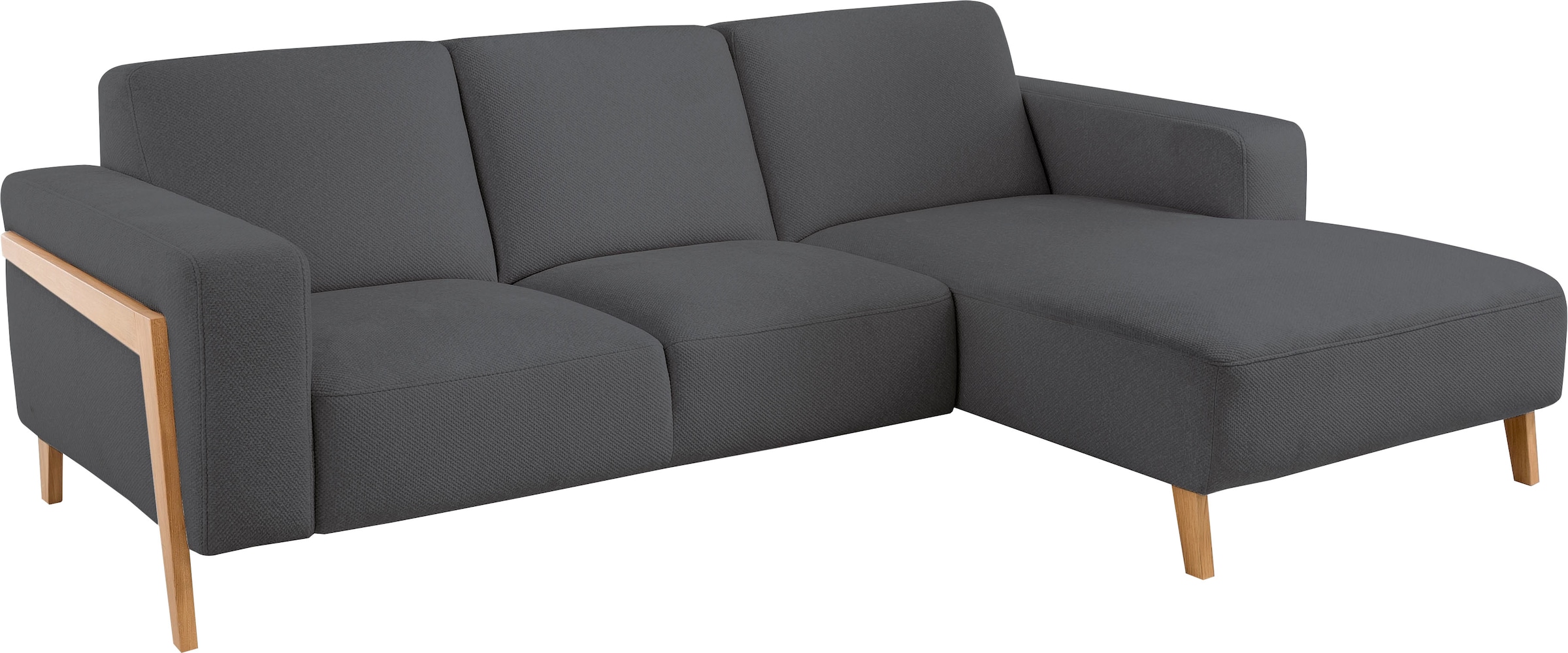 exxpo - sofa fashion Ecksofa »Starr Scandic Design, tolle Verarbeitung, bequem, Sichtholz am Armteil«, L-Form, wahlw. elektrische Sitztiefenverstellung, Massivholzfüße