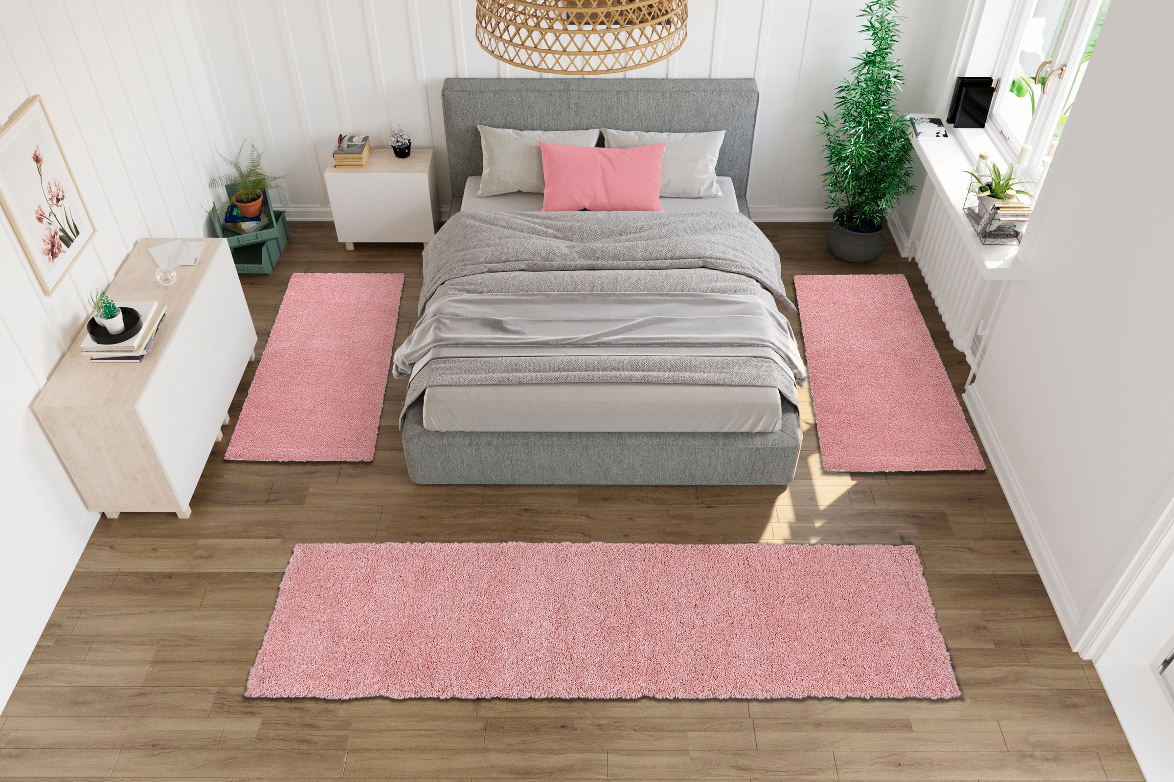 Bruno Banani Bettumrandung »Shaggy Soft«, (3 tlg.), gewebt, Uni-Farben, besonders weich, Bettvorleger, Läufer-Set