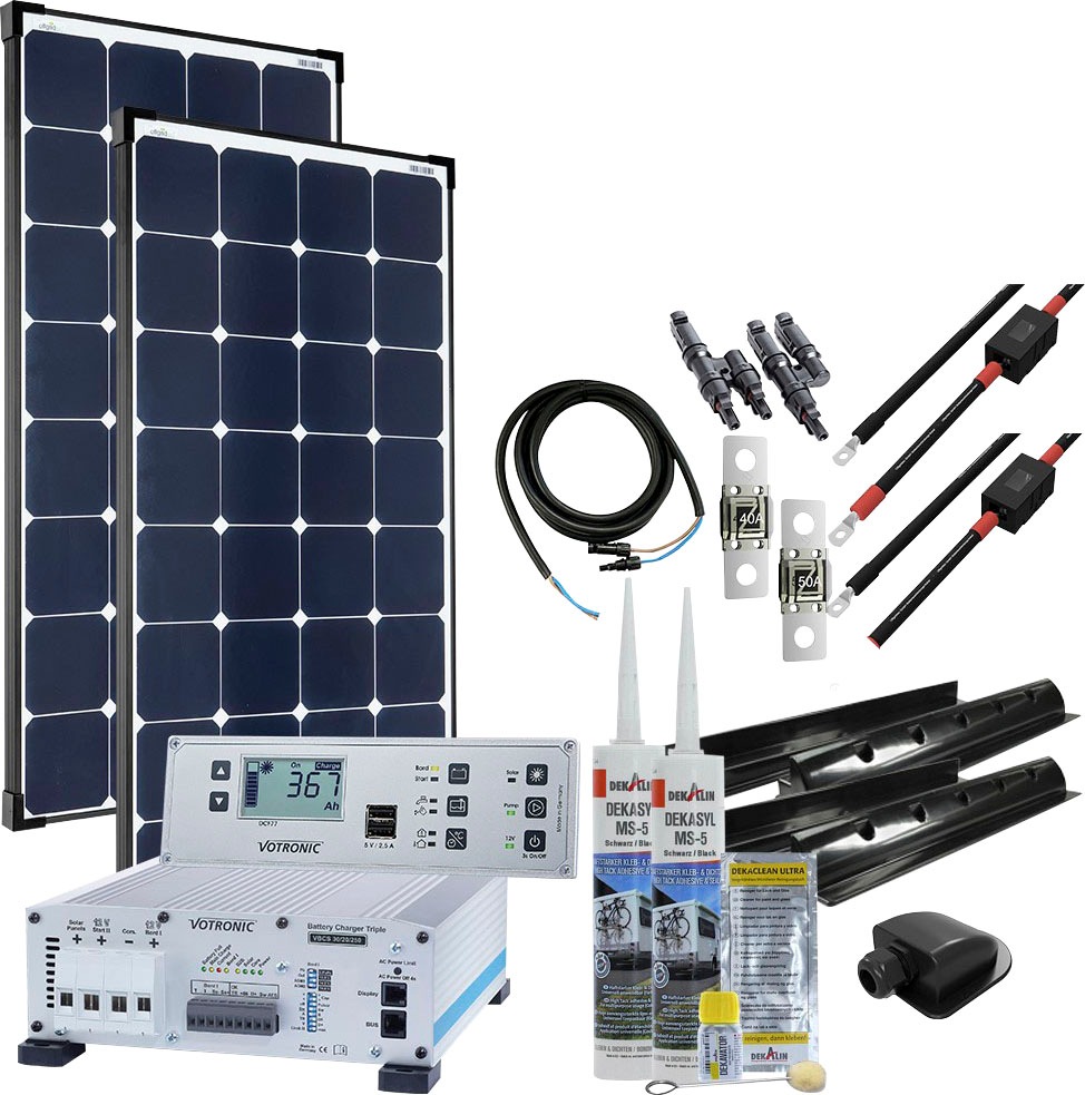 Offgridtec Solaranlage »mTriple S mit 2 x 120W Solarmodul 30/20/250 Votronic Triple Charger« mit 5747 VPC Jupiter Kombipanel, für Wohnmobile in...