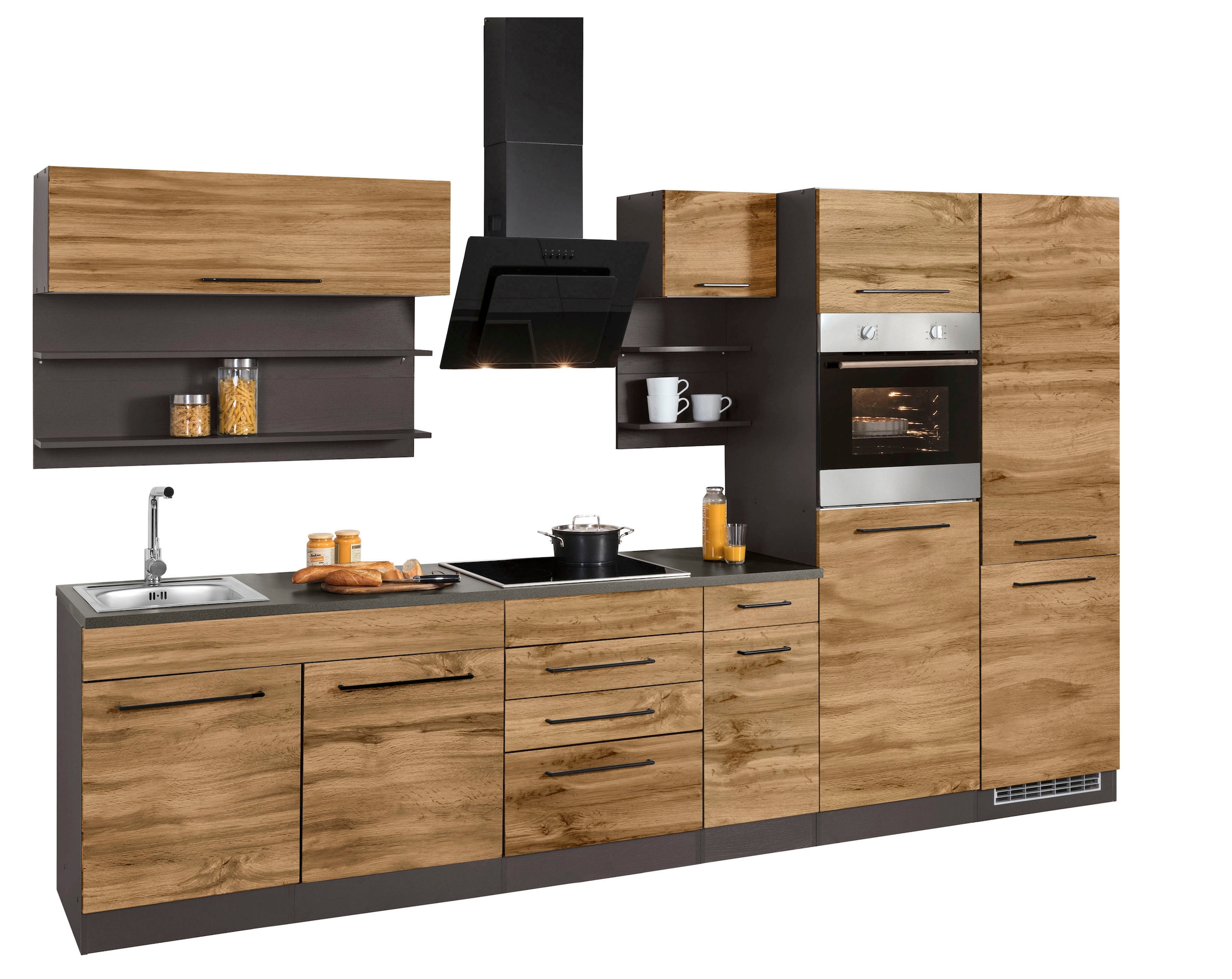 KOCHSTATION Küchenzeile »KS-Tulsa« ohne E-Geräte, Breite 330 cm, schwarze Metallgriffe, MDF Fronten