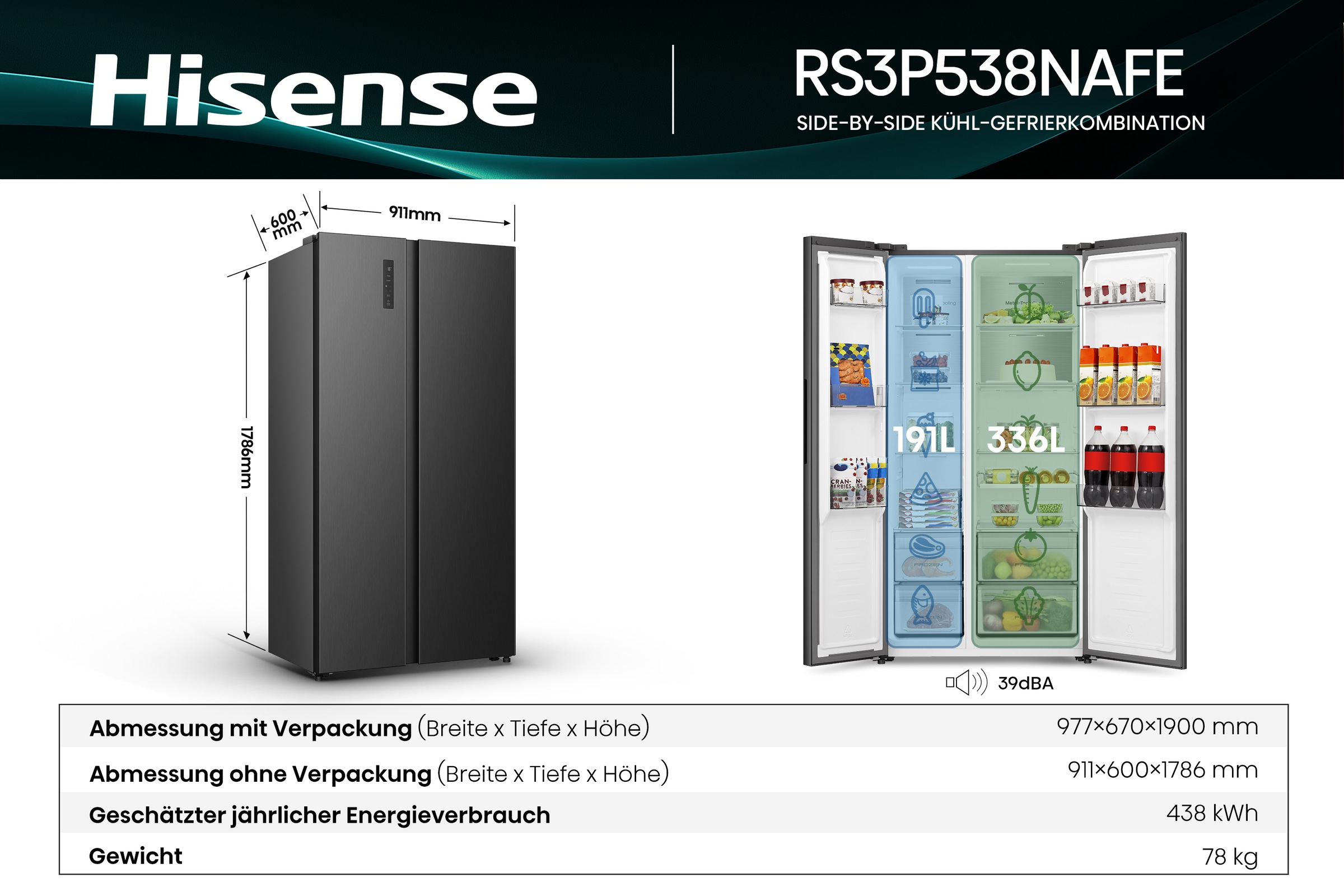 Hisense Side-by-Side »RS3P538NAFE« 178,6 cm hoch 91,1 cm breit einfacher Side by Side mit Premium-Ausstattung