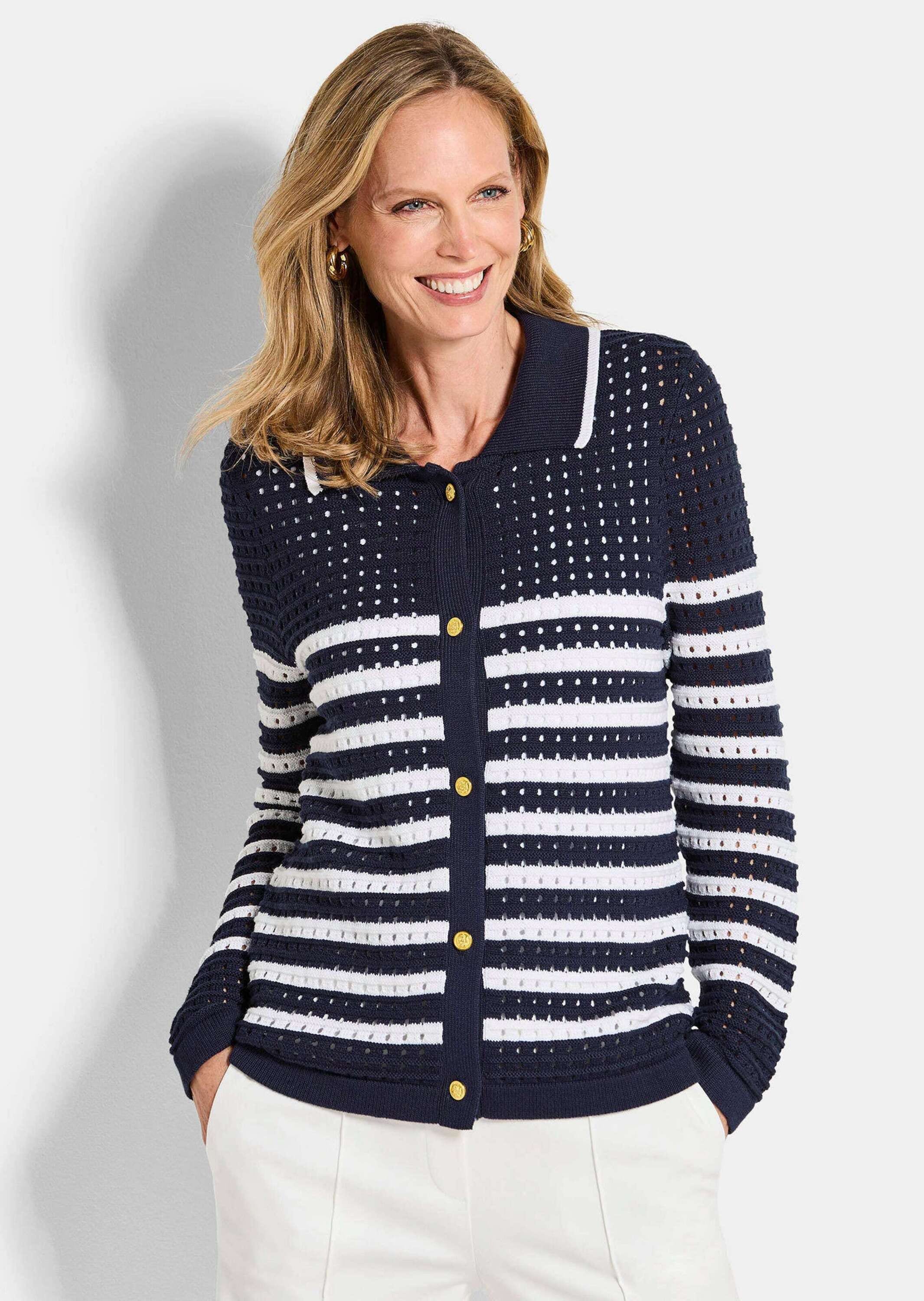 GOLDNER Strickjacke »Polopullover mit Lochmuster« Lochmuster im Ringel, goldene Dekoknöpfe