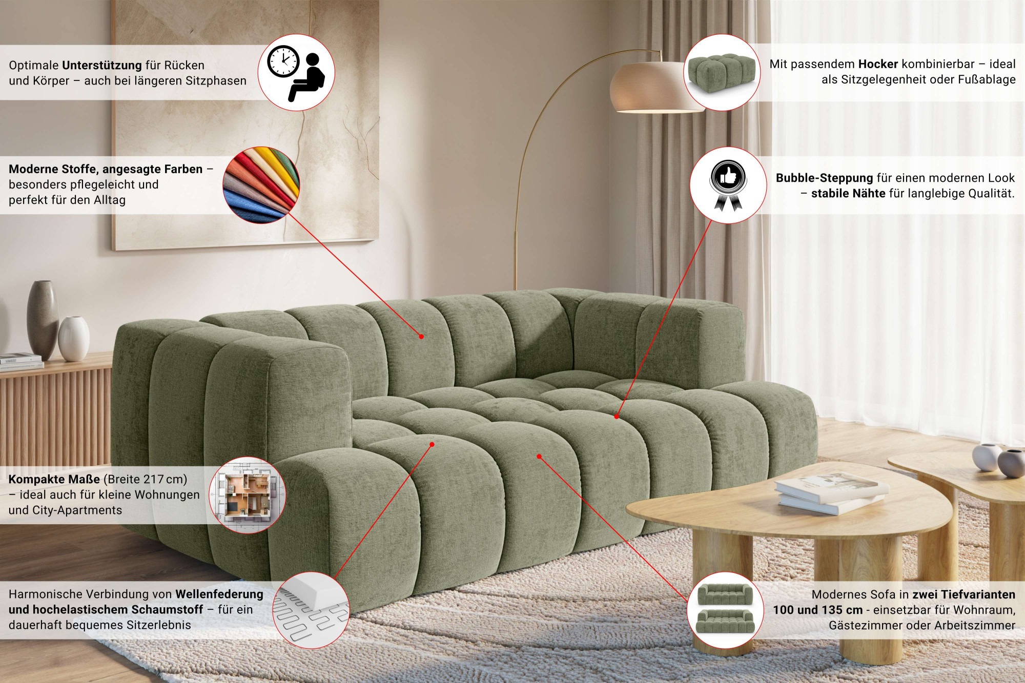 homsy by Ana Johnson 3-Sitzer »XL BOUBELLE Design-Sofa extra tief, Bubble-Optik, Breite 217 cm« hoher Sitzkomfort dank Wellenunterfederung, modern, mit Steppung
