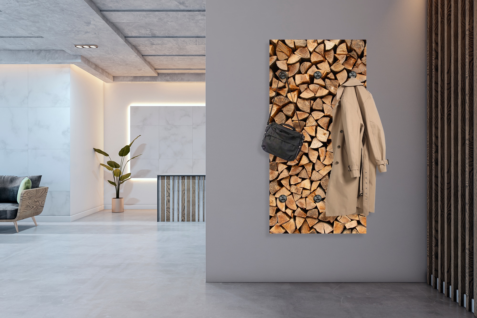 queence Wandgarderobe »Paneel Holzstapel Optik« 1 Stk. tlg. Wandpaneel aus Acrylglas inkl. 6 Edelstahlhaken in schwarz matt