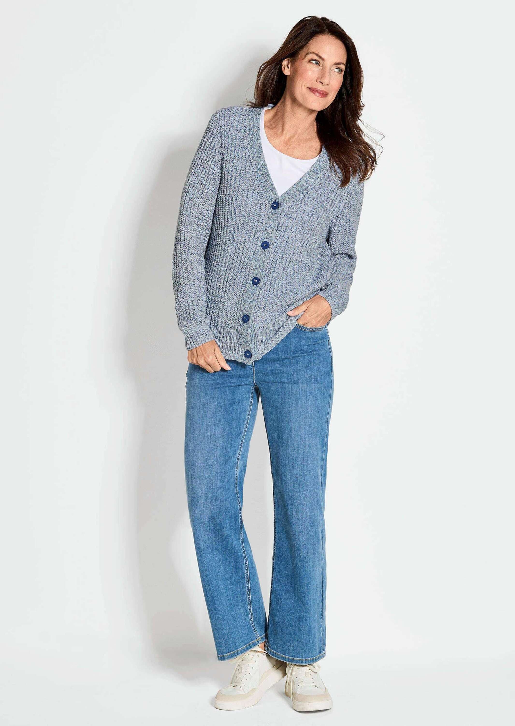 GOLDNER Strickjacke »Langarm Strickjacke mit V-Ausschnitt« Multicolor-Bändchengarn
