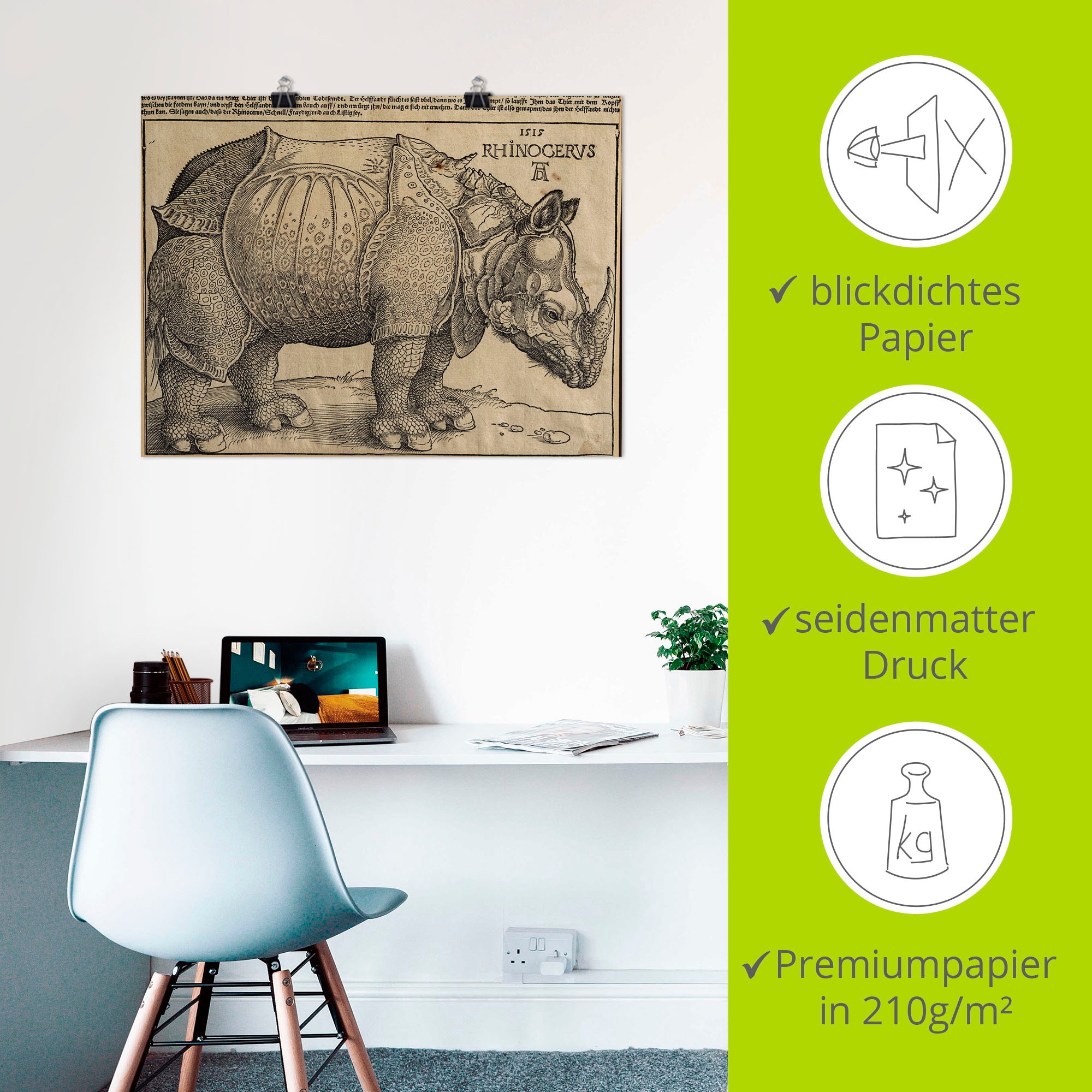 Artland Kunstdruck »Nashorn. 1515. Für König Emanuel.«, Wildtiere, (1 St.), als Leinwandbild, Wandaufkleber oder Poster in versch. Größen