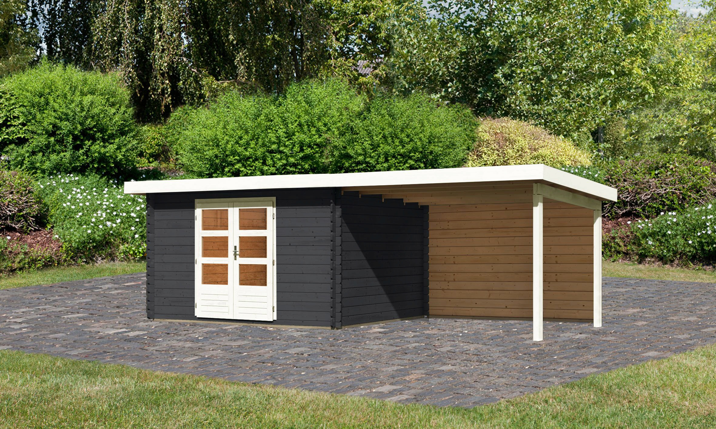 KONIFERA Gartenhaus »Schloßsee 7«, (Set), mit Anbaudach, Rückwand und Fußboden im Haus