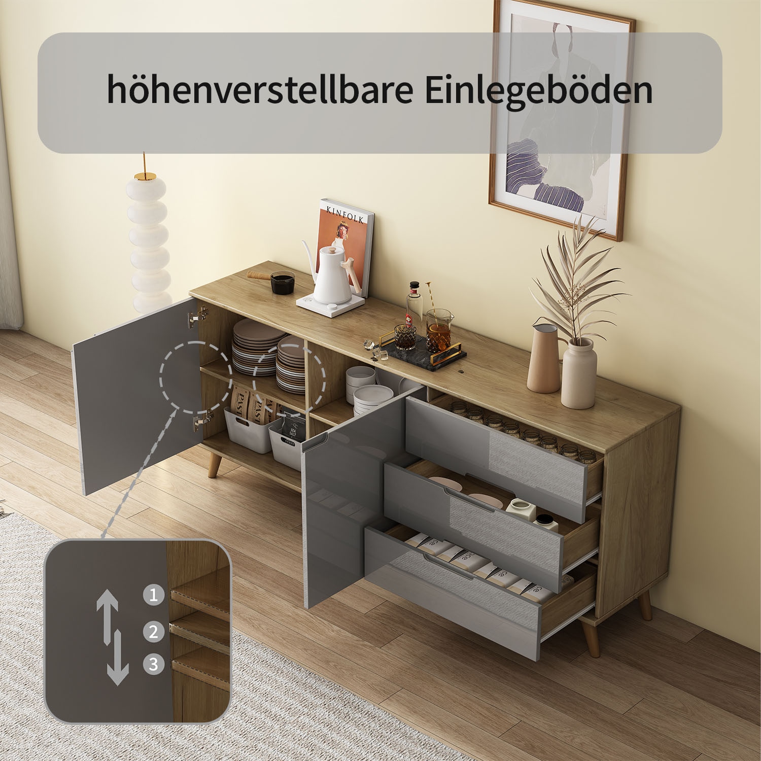 OTTO home Sideboard »Lund« mit glänzenden Fronten, Griffmulden, helles Holzdekor, Breite 180 cm