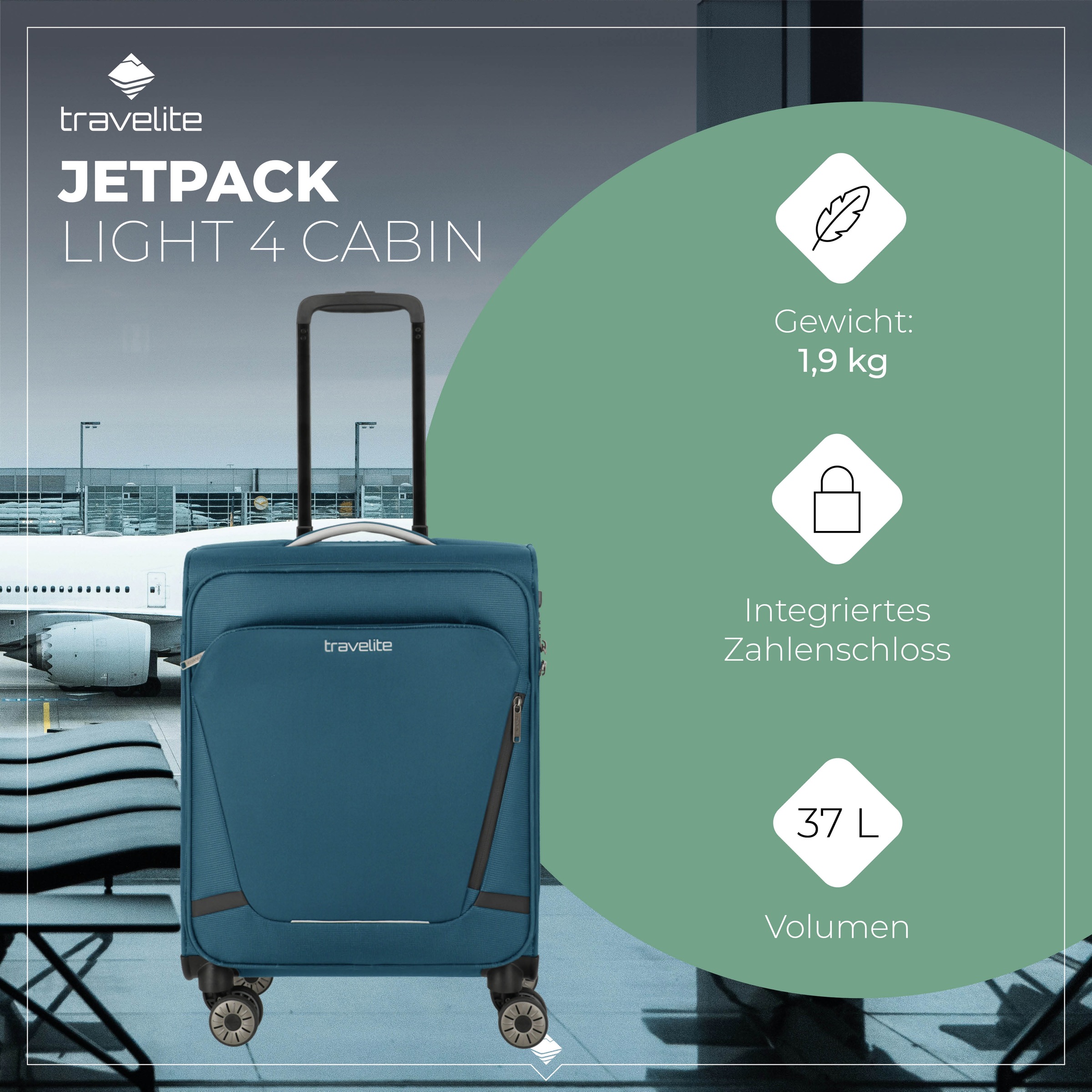 travelite Handgepäck-Trolley »JETPACK Multi Light 4 Cabin, konzipiert für Condor & Ryanair« 37 l 4 Rollen Weichgepäck-Koffer Handgepäck für die meisten gängigen Airlines