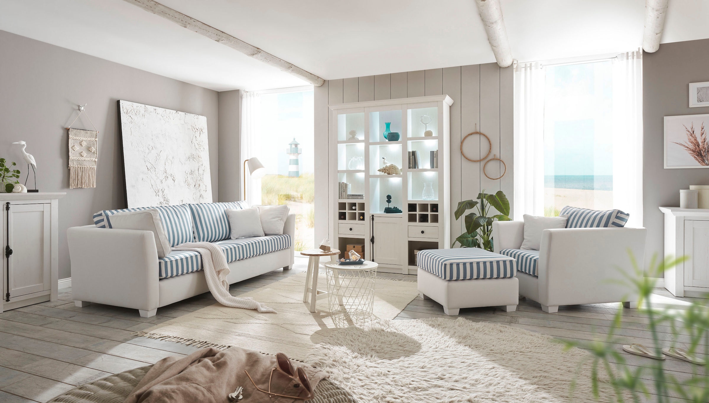 Home affaire 3-Sitzer »CALIFORNIA«, maritimer Landhausstil, in 3Breiten, mit Holzfüßen Weiß lackiert