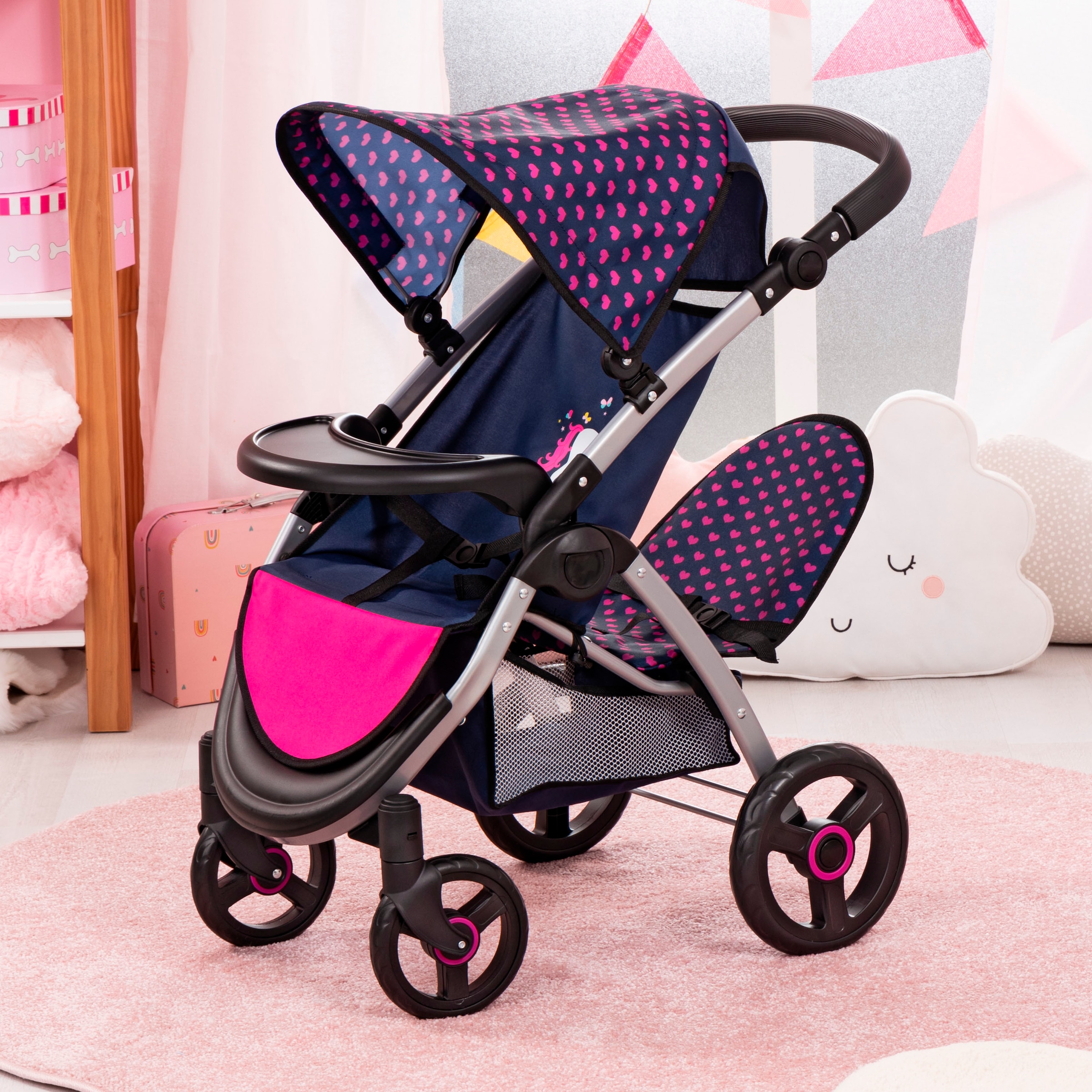Bayer Puppen-Zwillingsbuggy »Twin Star, blau/pink«, mit Wickeltasche