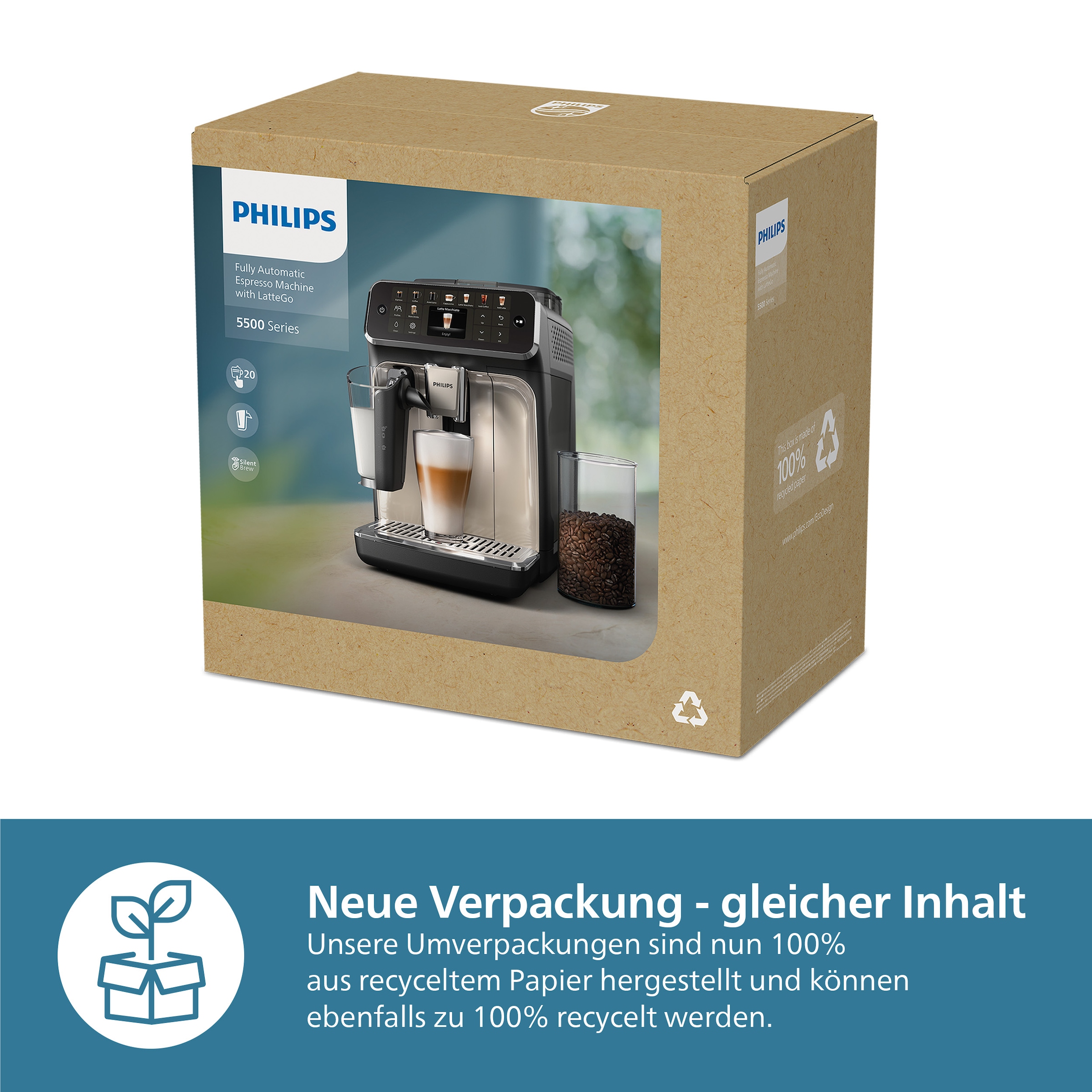 Philips Kaffeevollautomat »EP5547/90 5500 Series, 20 Kaffeespezialitäten (heiß oder eisgekühlt),«, LatteGo-Milchsystem, SilentBrew Technologie, Schwarz verchromt