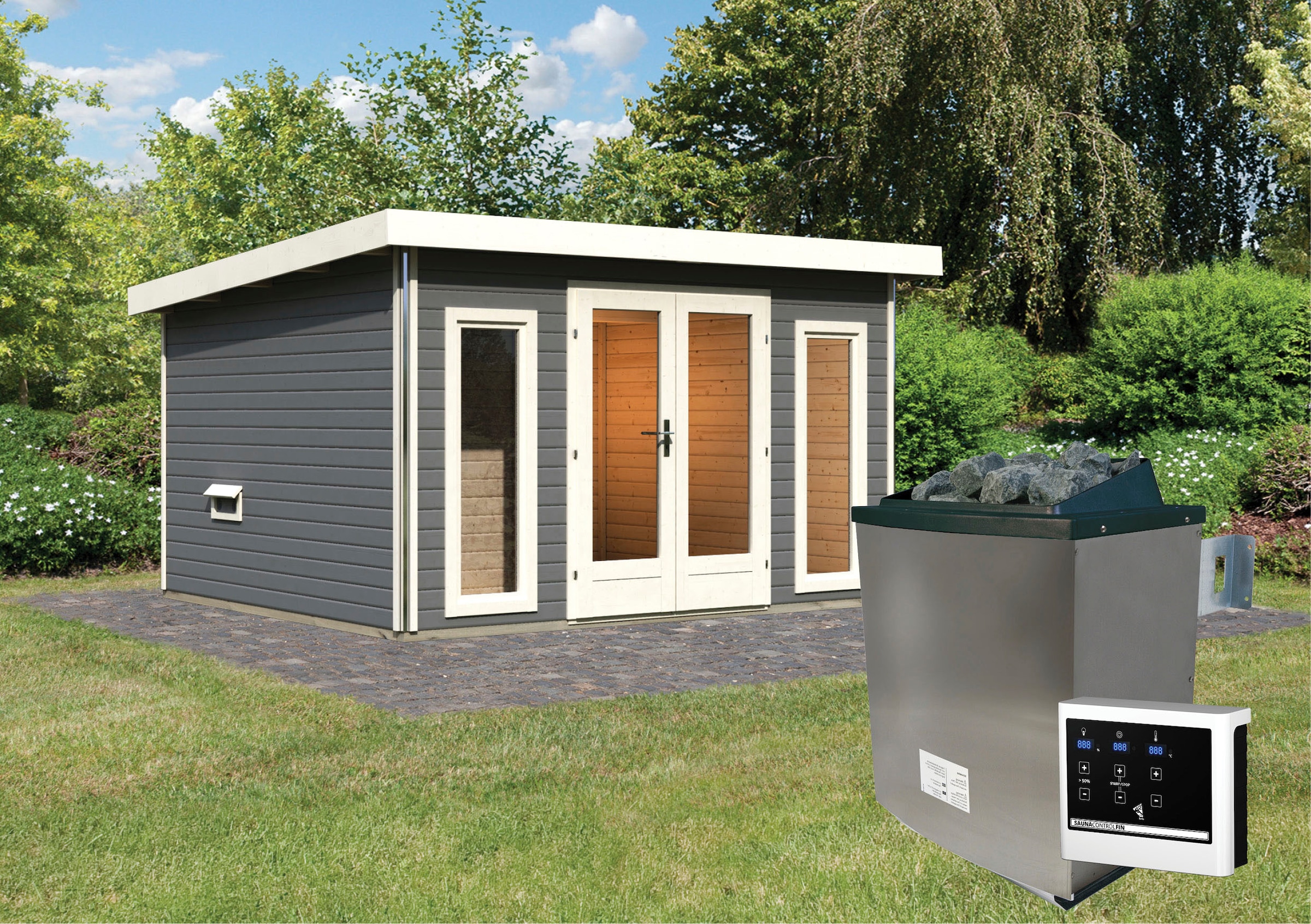 Karibu Saunahaus »Maiko 2B« Set,  Ofen 9 KW externe Strg easy