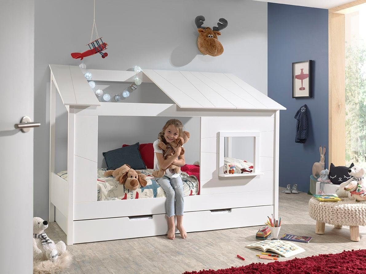 Vipack Kinderbett »Hausbett, aus MDF und Massivholz weiß lackiert, inkl. Fenster vorne«, (B/H/T ca. 214x158,5x105cm, seitl. und hinten offen), wahlweise mit oder ohne Bettschublade auf Rollen