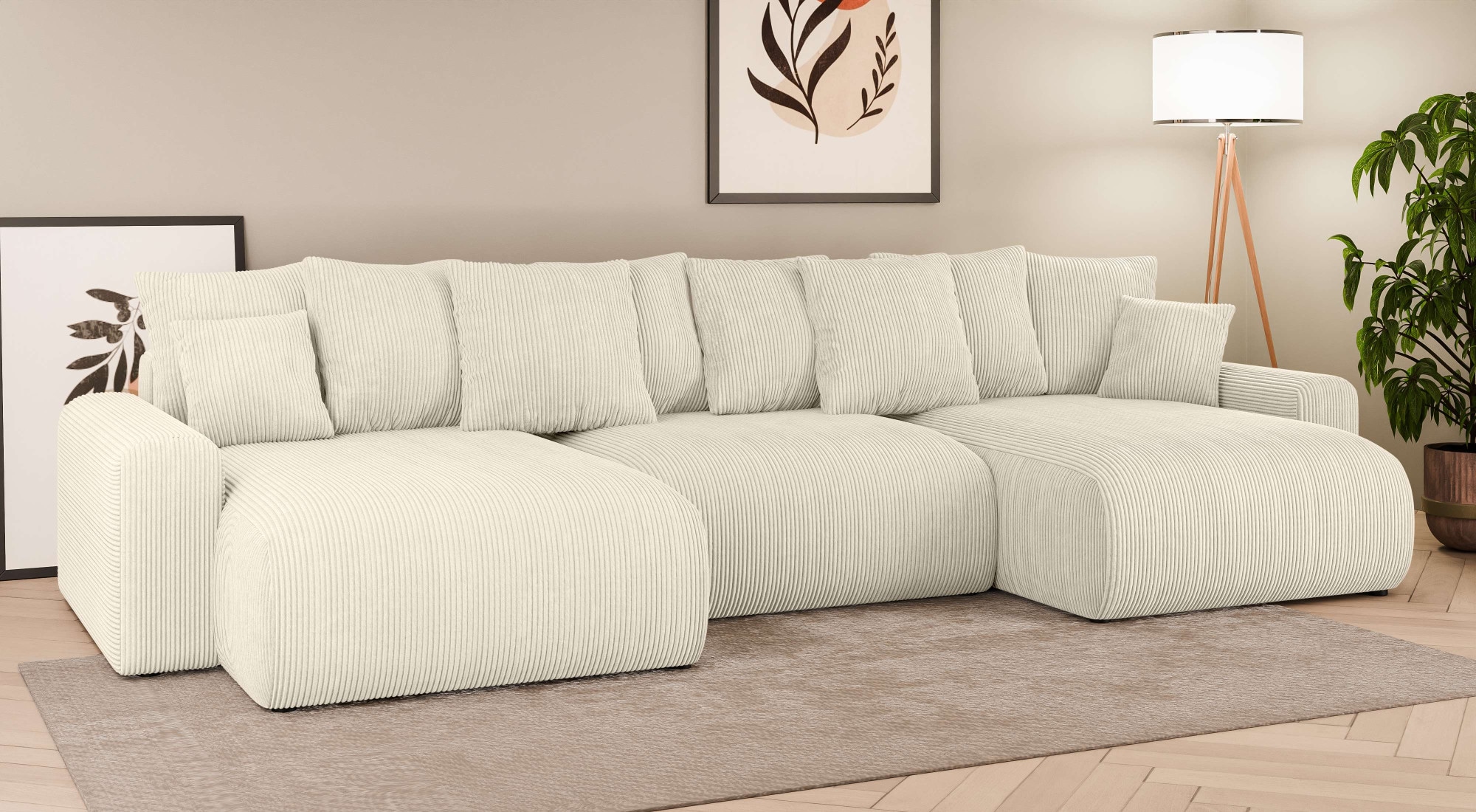 Home affaire Wohnlandschaft »LAKESIDE mit Bettfunktion und Bettkasten, Maße B/T/H: 332,5/142/84 cm« U‑Form mit vielen Kissen und Wellenunterfederung