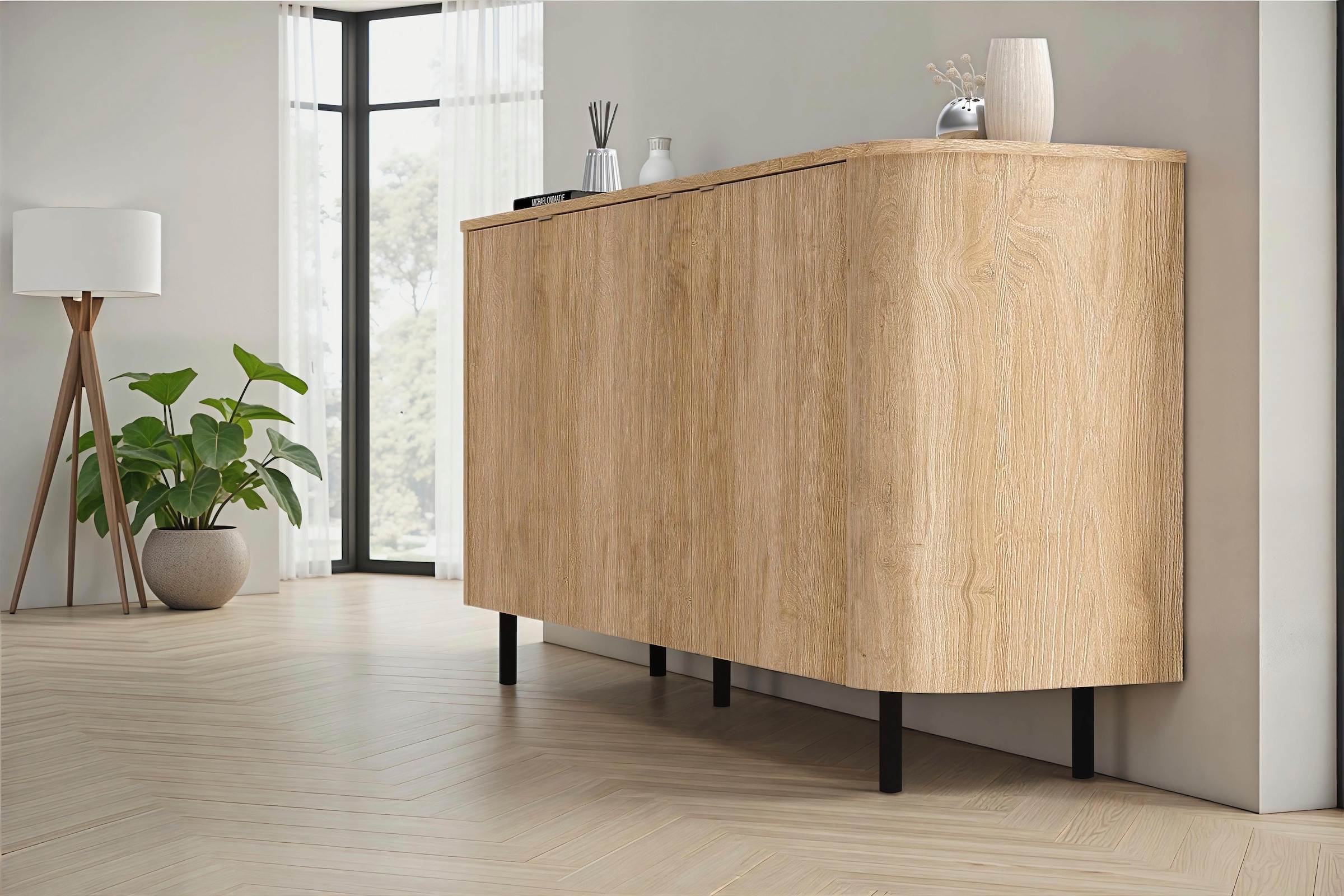Home affaire Sideboard »Murano, 181 cm breit, 3 Türen, Anrichte, Kommode, Stauraumschrank« Formgebogenes MDF, Stirnseiten mit Rundung, Füße und Griffe aus Metall