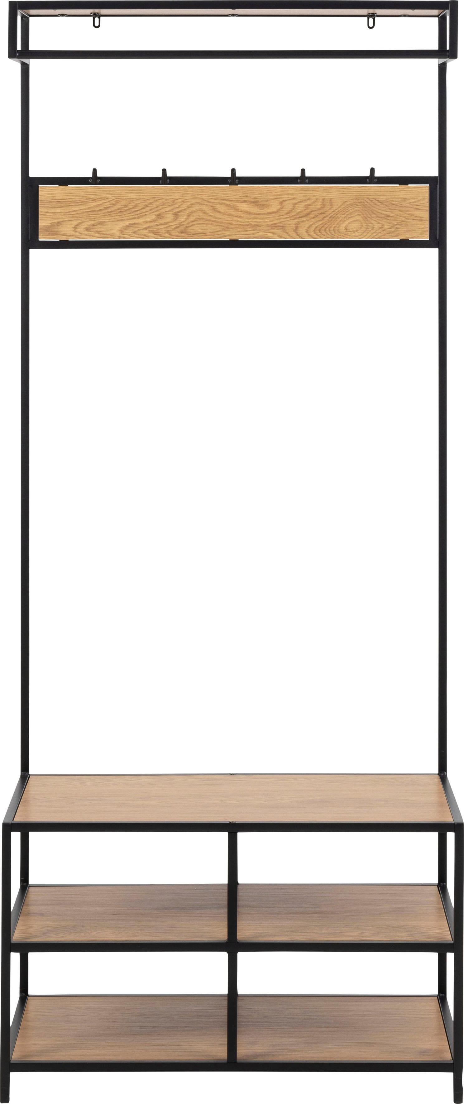 Actona Group Garderobenständer Metallgestell im Industrie-Look, 3 Einlegeböden, 5 Haken, Breite 77 cm in schwarz