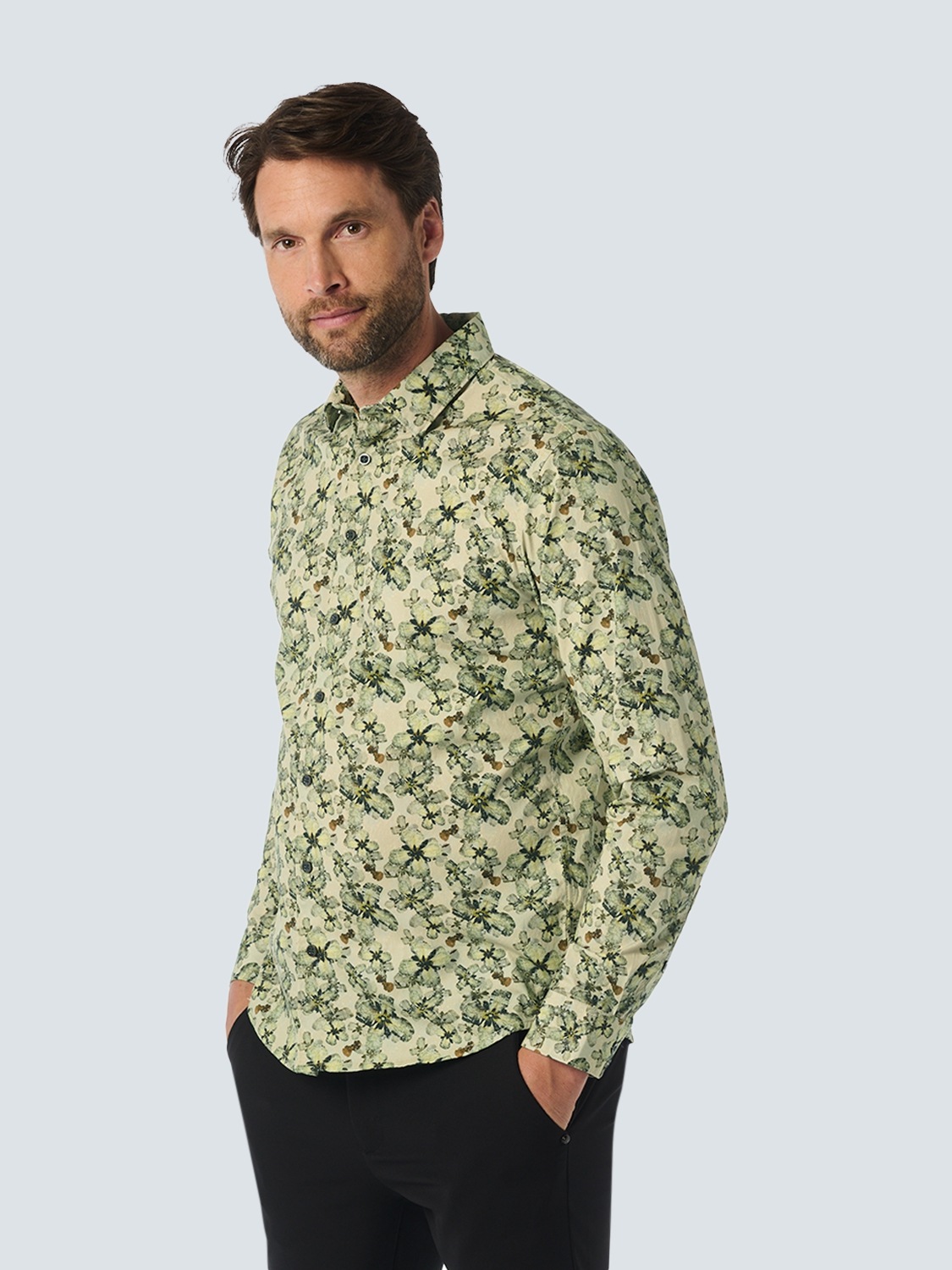 No Excess Herren Langarmhemd mit All-Over Print in beige, Größe S