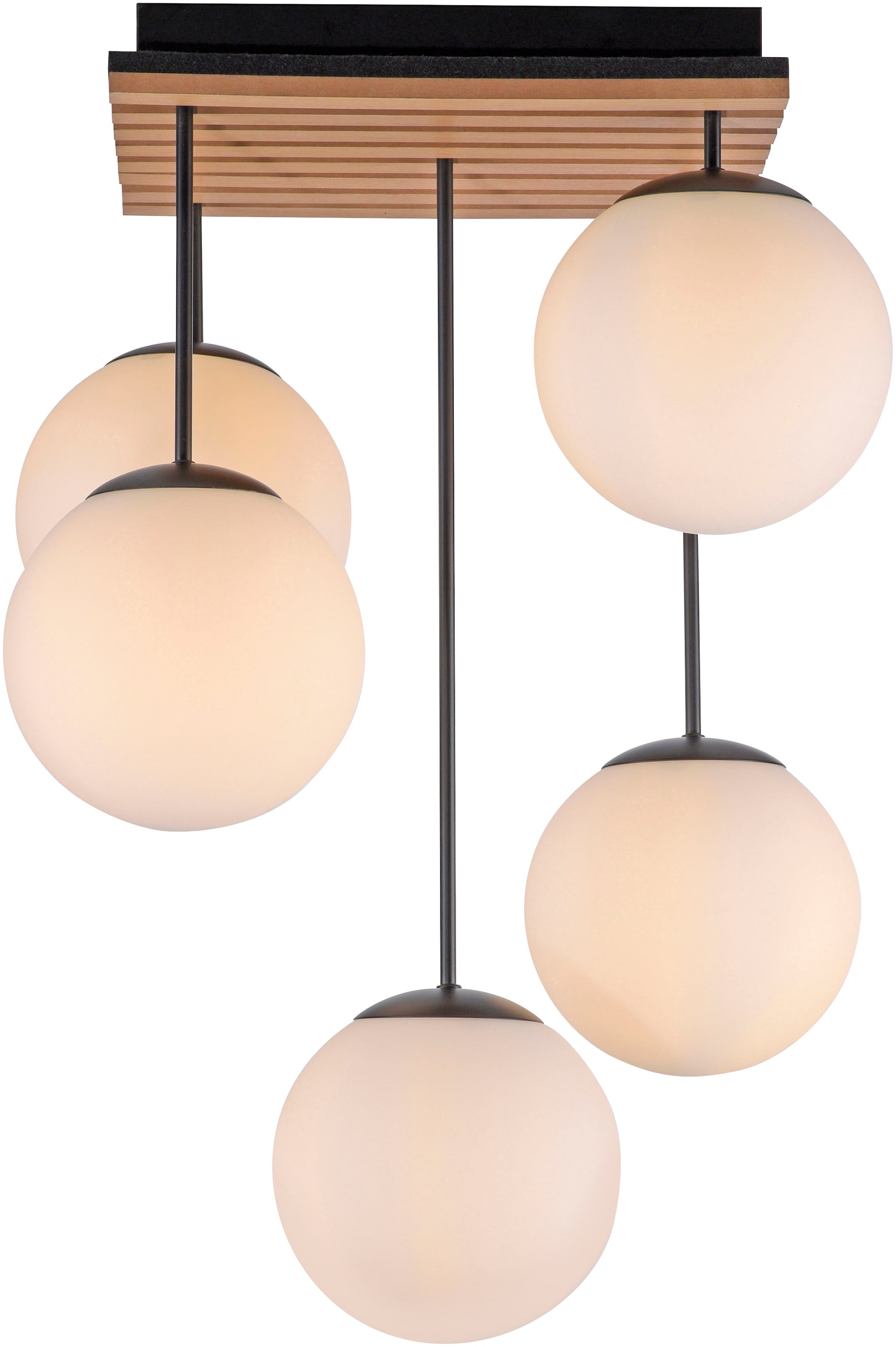 my home Deckenleuchte »Erinette Akustikpaneele mit Glaskugeln«, 5 flammig, Leuchtmittel E14 | ohne Leuchtmittel-Leuchtmittel wechselbar, Holz, Akustik, Paneele, Glas, Deckenlampe E14