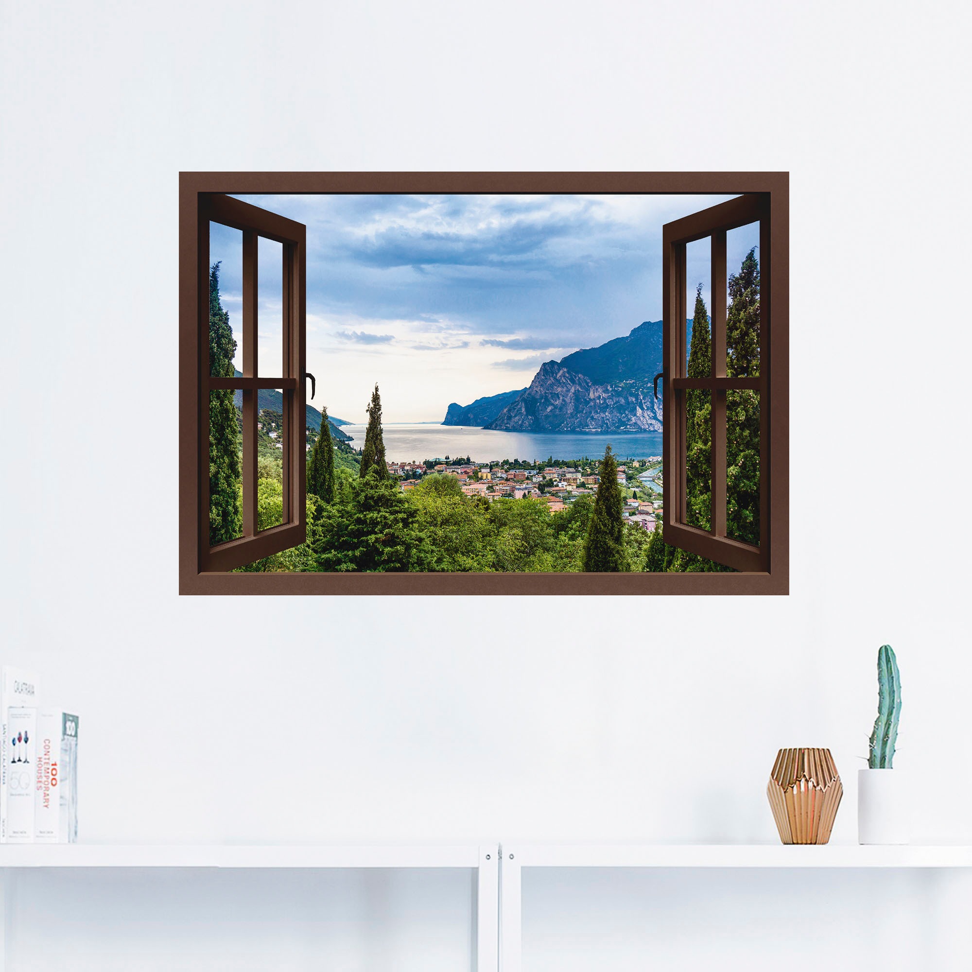 Artland Wandbild »Gardasee durchs Fenster«, in Shop Wandaufkleber im OTTO Poster Größen oder als versch. Online (1 Seebilder, braune Alubild, St.), Leinwandbild