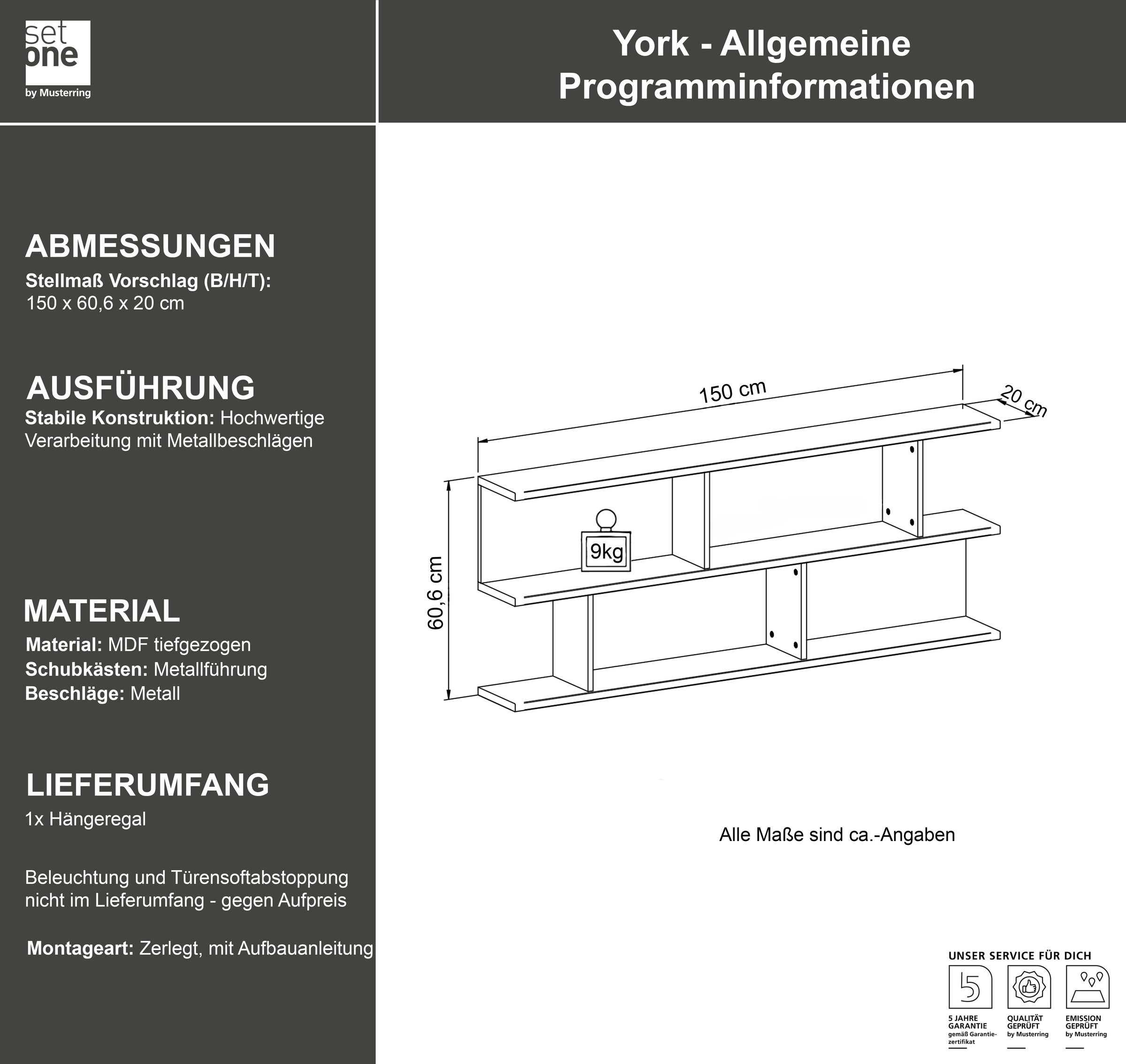 set one by Musterring Wandregal »York« Typ 43, mit 3 Ablageböden, 3 Farben, Beleuchtung optional, B 150 cm