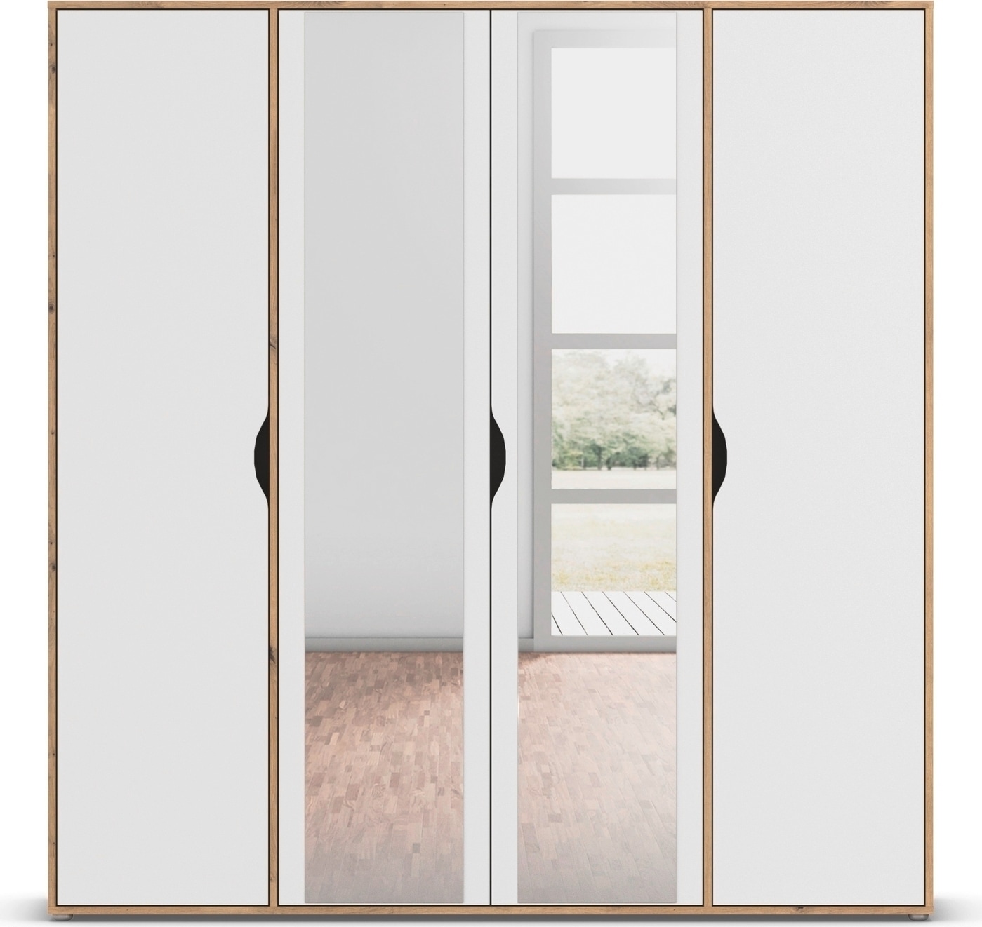 rauch Drehtürenschrank »Kleiderschrank Schrank Garderobe Wäscheschrank NARAI mit Spiegel«, (in 3 verschiedenen Ausstattungen BASIC/CLASSIC/PREMIUM), Griffausfräsungen für eine grifflose Optik TOPSELLER MADE IN GERMANY