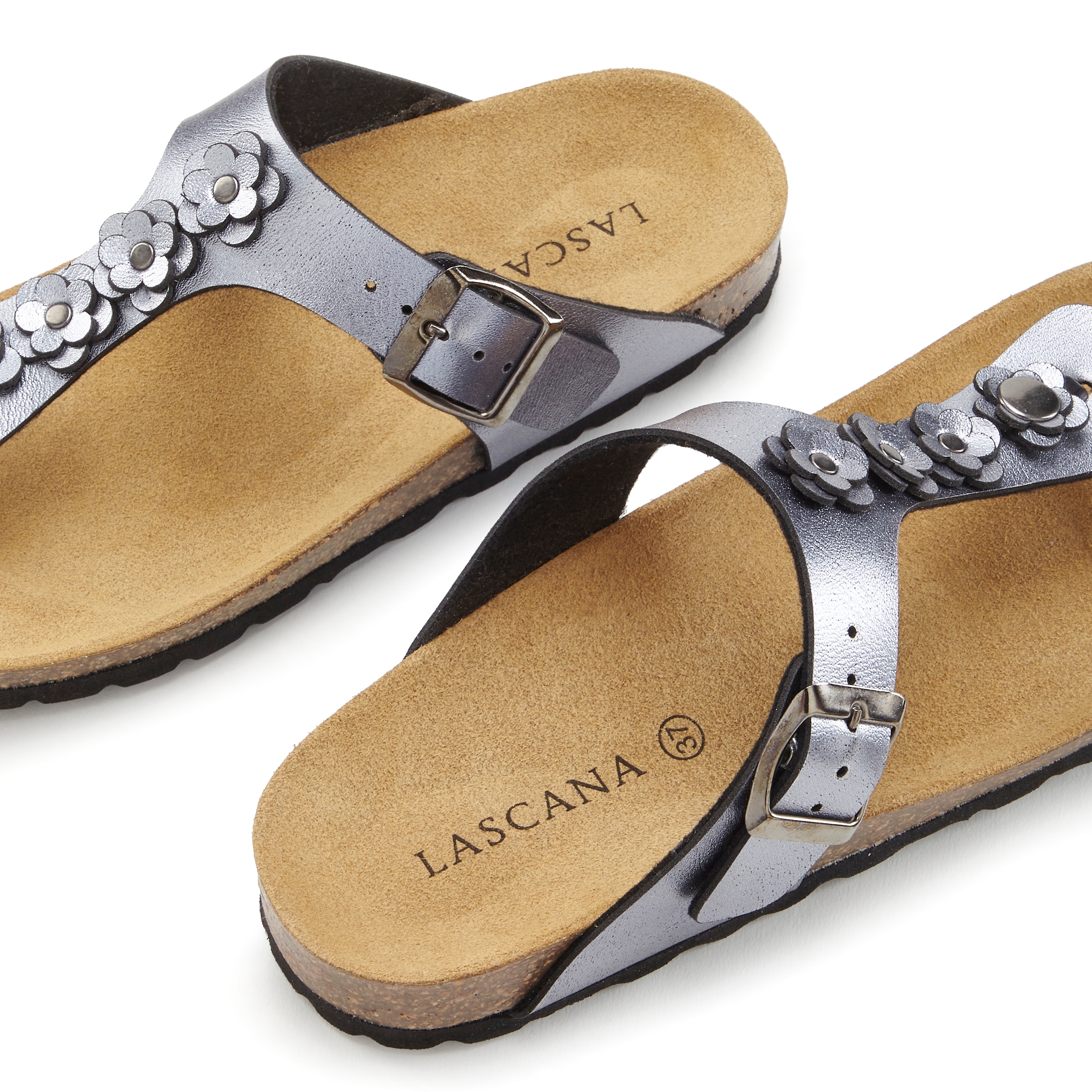 LASCANA Zehentrenner »Sandale, Pantolette, offener Schuh, Sommerschuh,«, mit modischer Applikation und Komfortkorkfußbett aus Leder