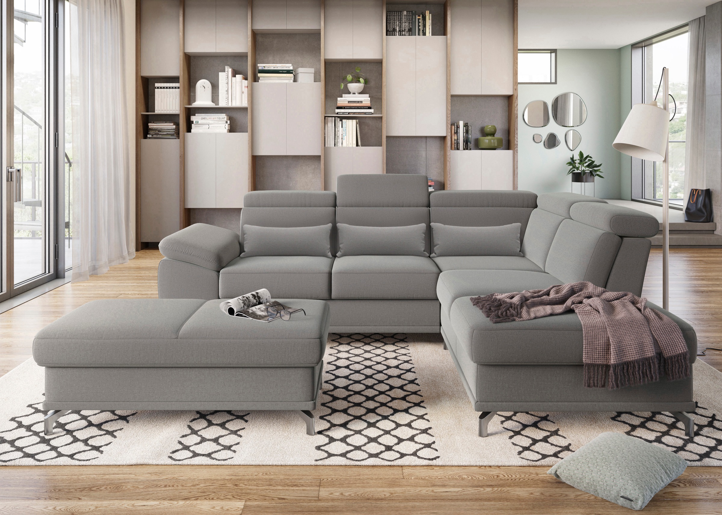 sit&more Ecksofa »Cabrio L-Form, mit Sitztiefenverstellung, Arm- und Kopfteilverstellung«, 3 Nierenkissen, Federkern, optional Bettfunktion und Stauraum