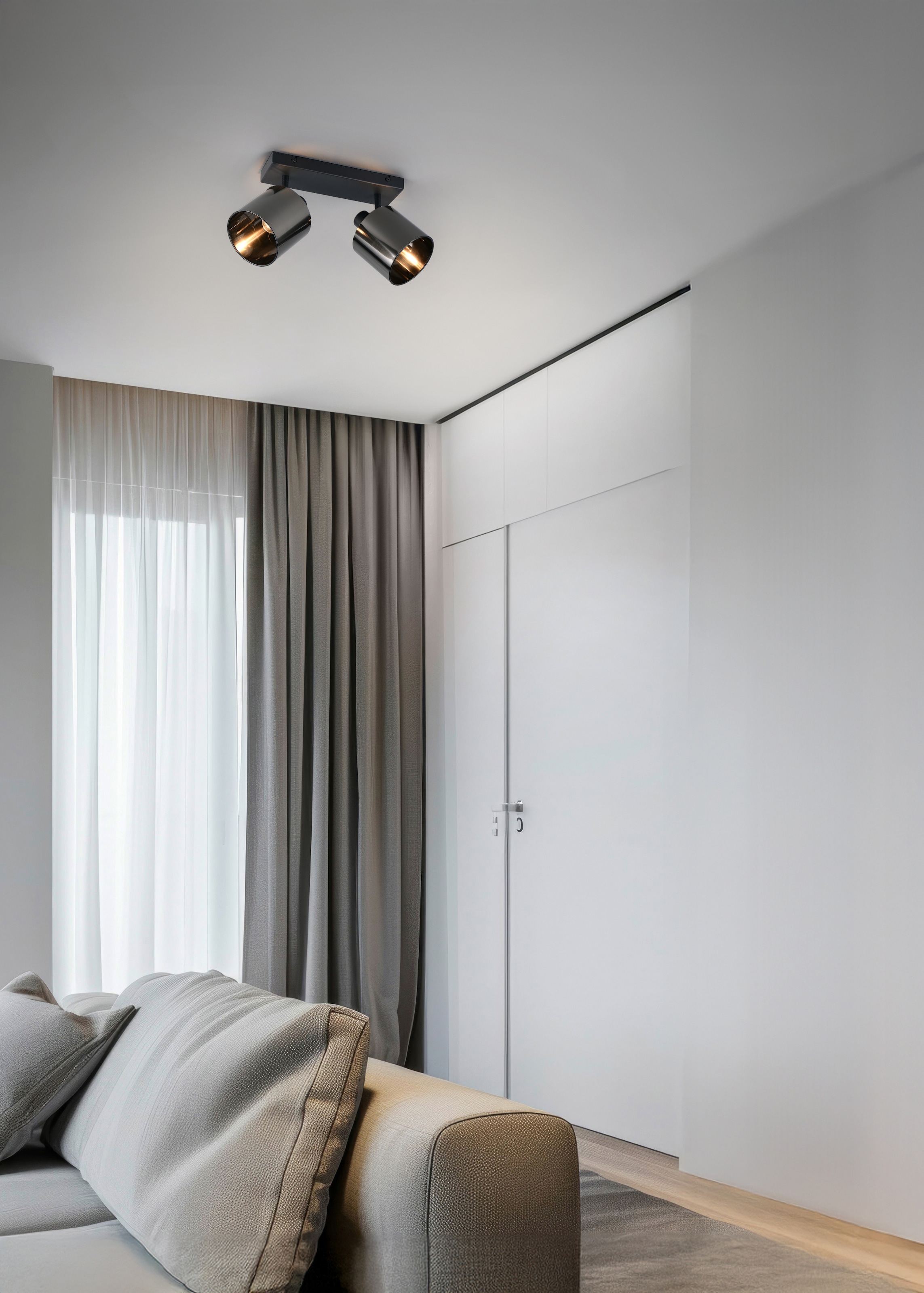 REALITY Leuchten Deckenstrahler »JASON, Deckenspot 2-flammig exkl 2x E14 max 10W, 36x22x12 cm (B/H/T)« E14 1 Stk. warmweiß - kaltweiß 2 verstellbare Strahler, Metall schwarz, Lampenschirm rauchgrau