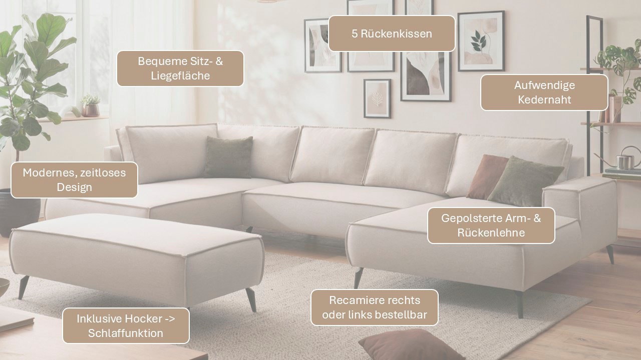 OTTO home Wohnlandschaft »TVINNU Leinenoptik, 354, mit Hocker« Recamiere rechts/links, stellbar zum Schlafsofa (Krokodilverbinder)