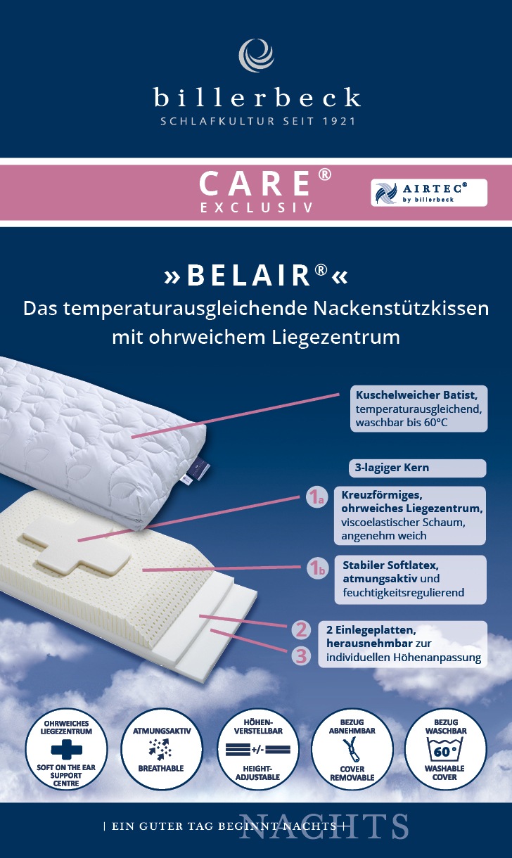billerbeck Nackenstützkissen »Belair«, Bezug: kuschelweicher Batist, 100 % Baumwolle, hydrophil, versteppt mit AIRTEC®, 100 % Polyester, mit Reißverschluss, (1 St.)