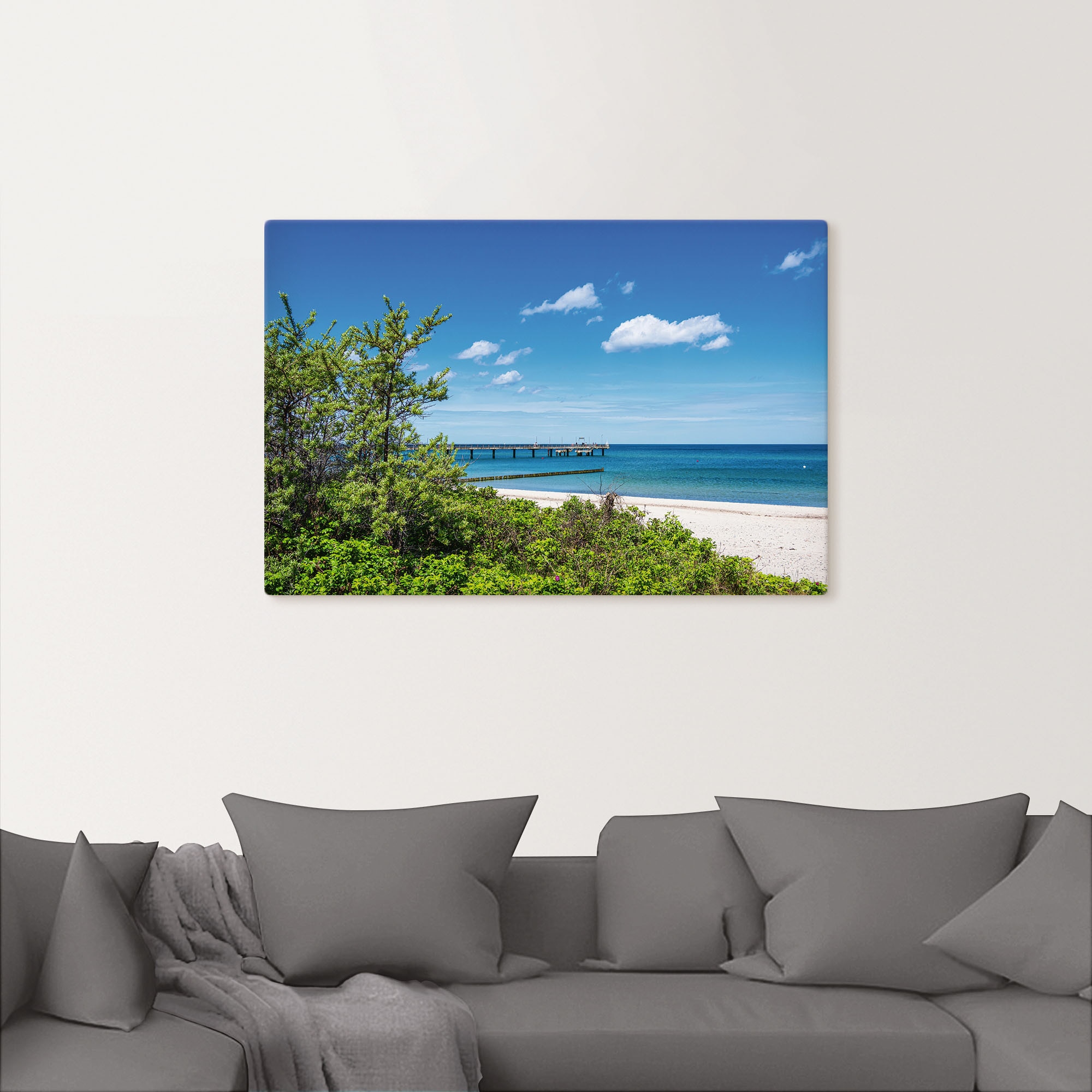 Artland Wandbild »Strand und Seebrücke an Ostseeküste«, Strandbilder, (1 St.), als Alubild, Leinwandbild, Wandaufkleber oder Poster in versch. Größen