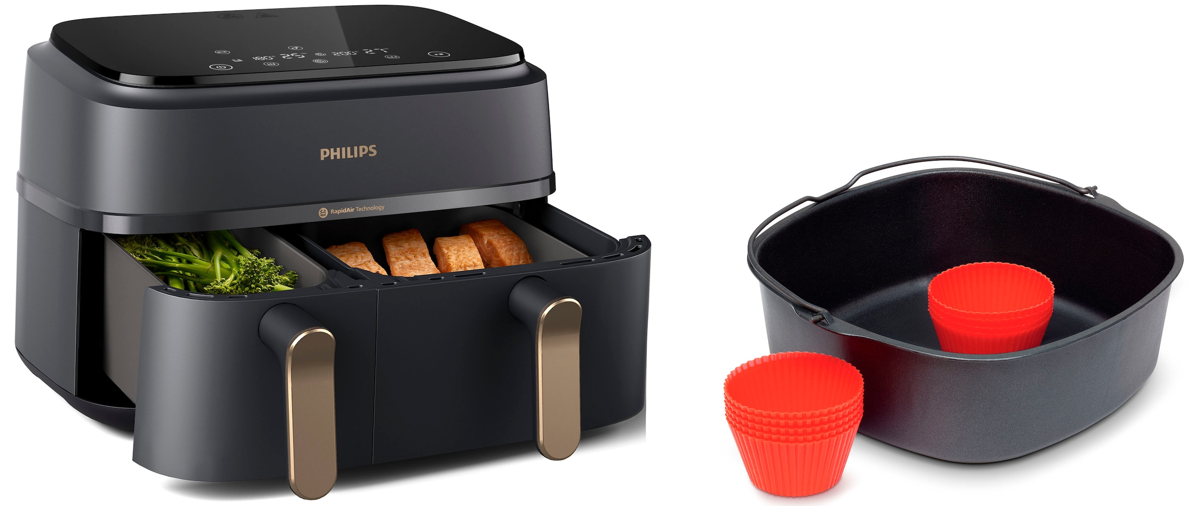 Philips Heißluftfritteuse »3000 Series NA352/00, Dual Basket Airfryer mit 9L Kapazität (3L+6L),«, 2750 W, RapidAir Technologie, Digitales Display, HomeID App; Schwarz/Kupfer