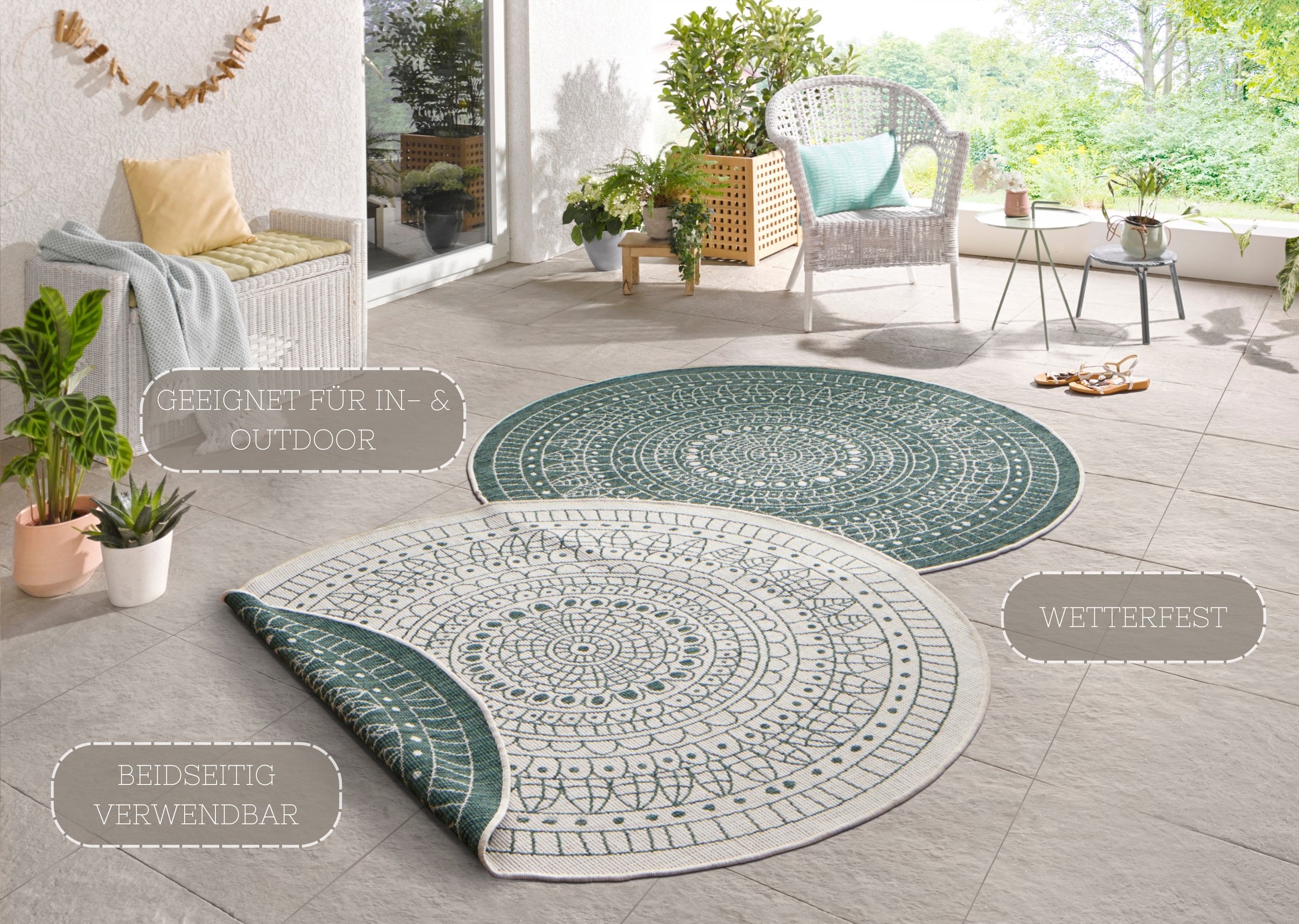 NORTHRUGS Teppich »Porto Wendeteppich«, rund, 5 mm Höhe, In-& Outdoor, Wetterfest, Balkon, Garten, Wohnzimmer, Wasserfest