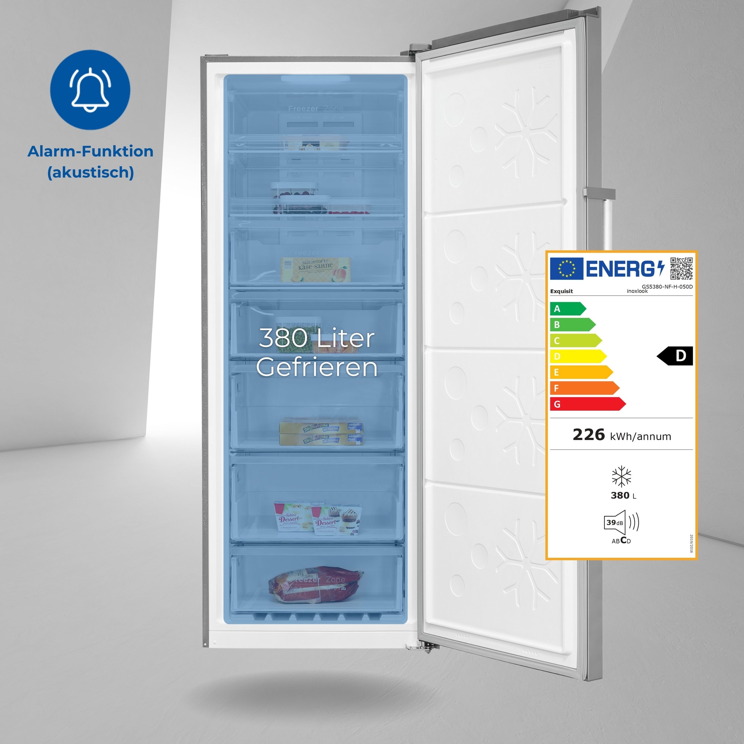 exquisit Gefrierschrank »GS380-NF-H-050D inoxlook«, 185,5 cm hoch, 71 cm breit, Türanschlag wechselbar
