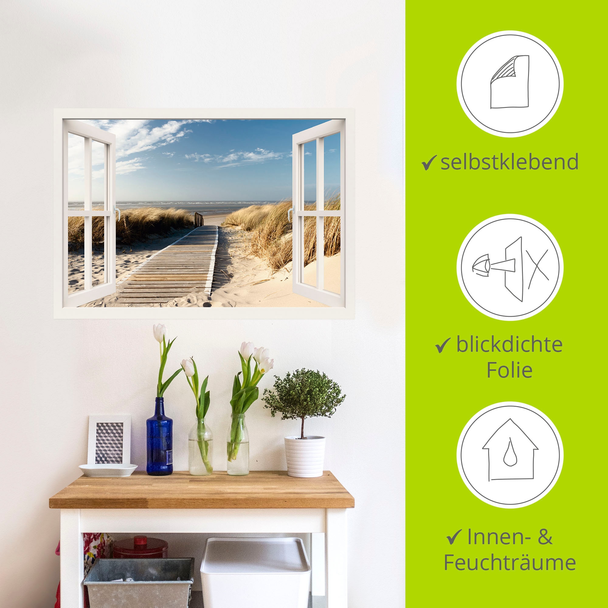 Artland Wandbild »Fensterblick Nordseestrand auf Langeoog«, Fensterblick, (1 St.), als Leinwandbild, Poster, Wandaufkleber in verschied. Größen