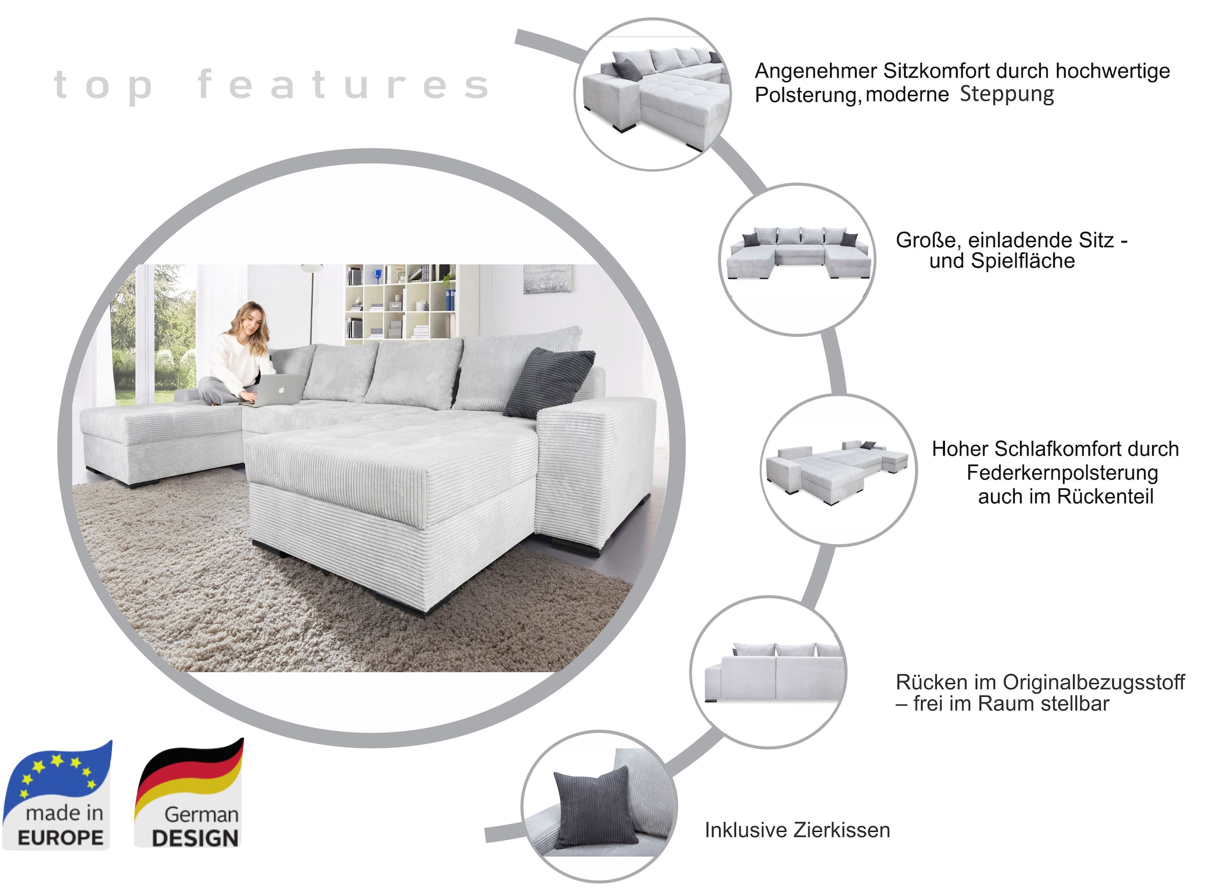 COLLECTION AB Wohnlandschaft »Josy XL U-Form, B: 313 cm in Cord, Cord-Mix« mit Bettfunktion, Bettkasten & 2 Zierkissen, Federkern