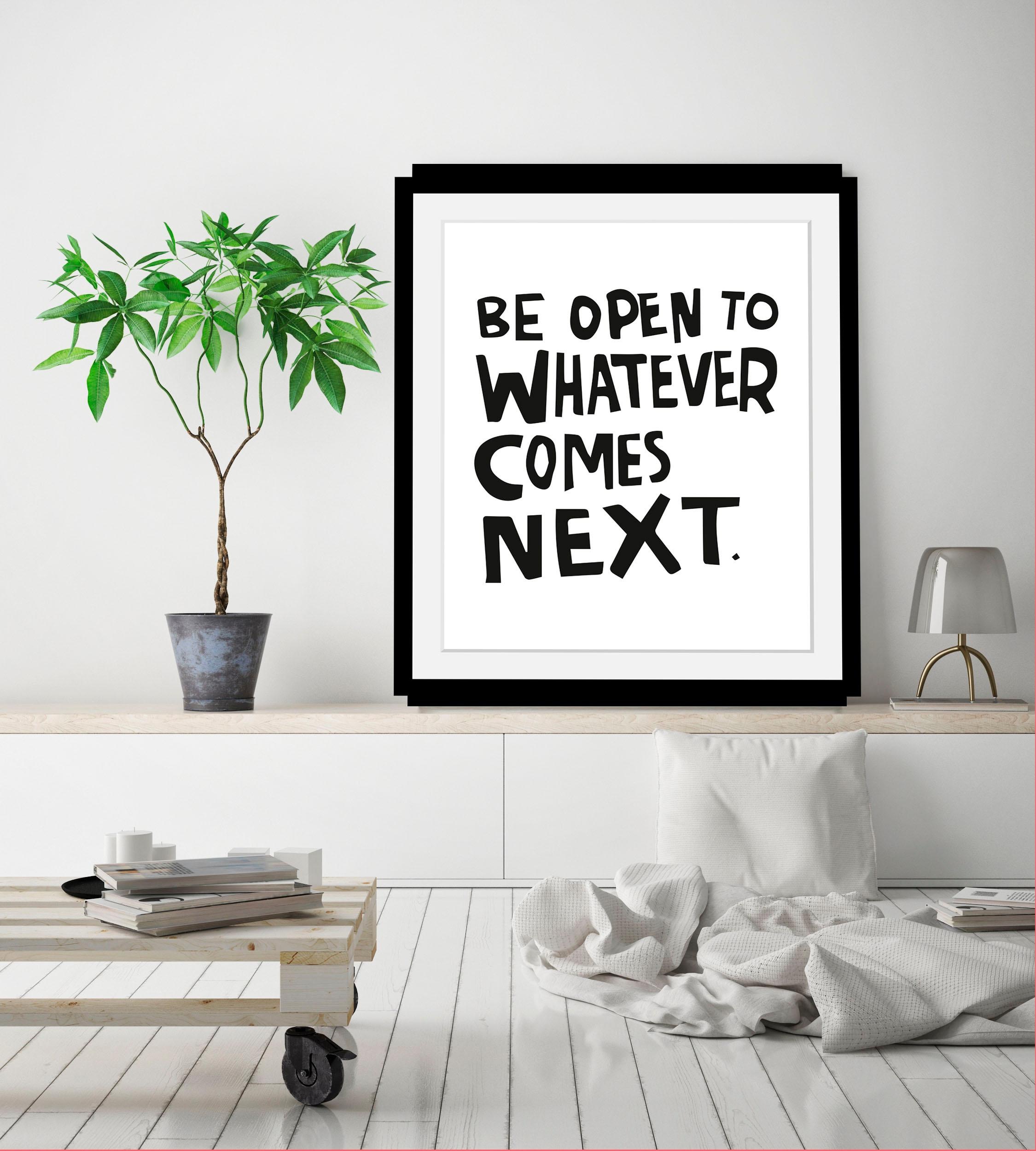 queence Bild »Next« Motivationsbilder | Schriftzug | Schwarz-Weiß HD Premium Poster-Druck inkl. Holzrahmen