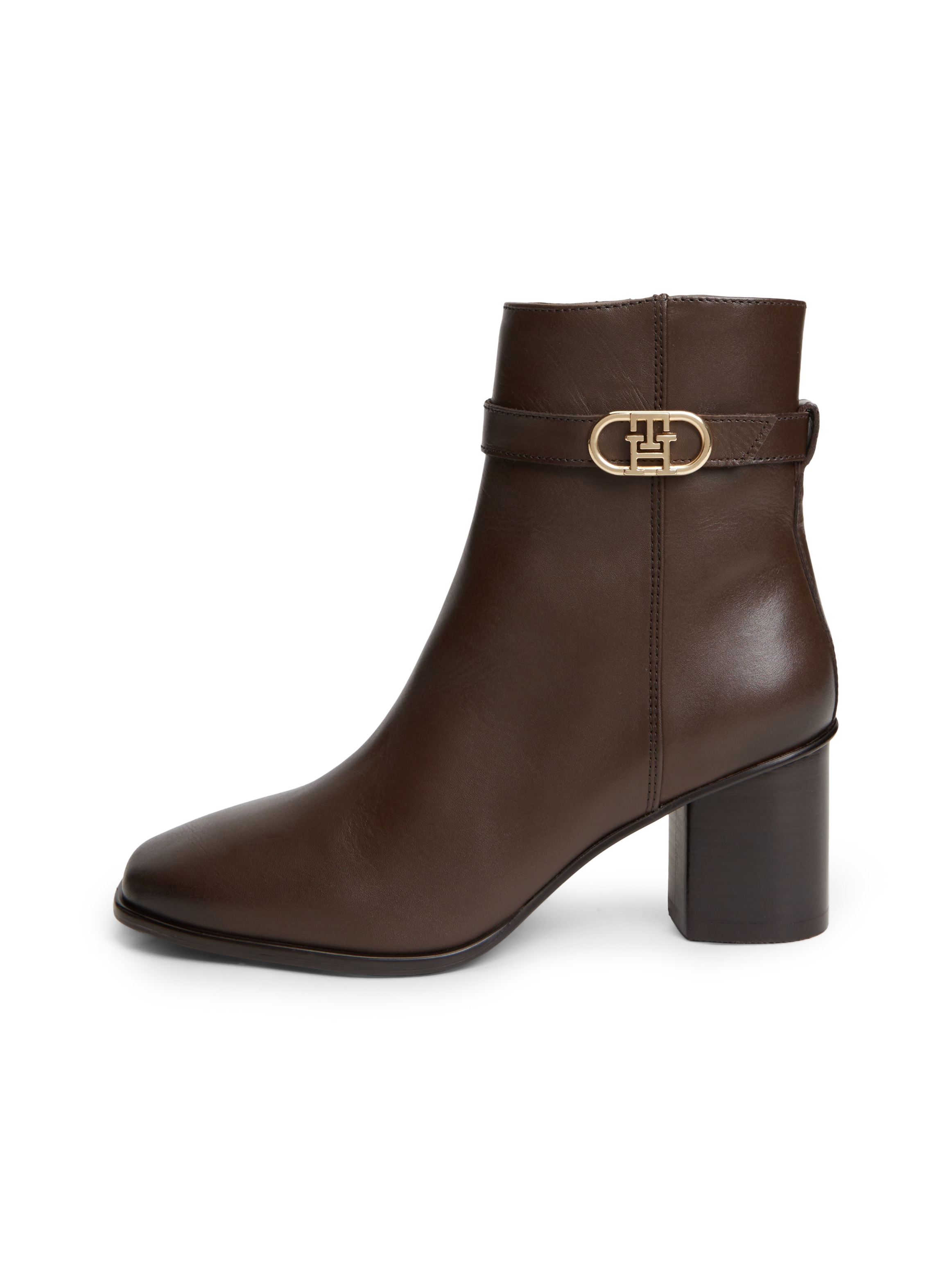 Tommy Hilfiger Stiefelette »TH STRAP LEATHER BLOCK HEEL BOOT«  Herbstschuh, Businessschuh mit goldfarbenem Schmuckelement
